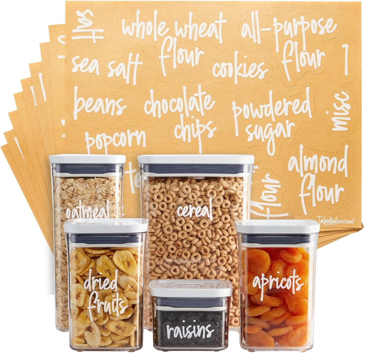 Talented Kitchen Script Pantry Labels - Water-Resistant Reusable Stickers for Pantry Organization - Clear Flour Sugar Stickers - Peel & Stick Spice Jar Labels - 1"-1.5", Laminated Vinyl, 157 Count