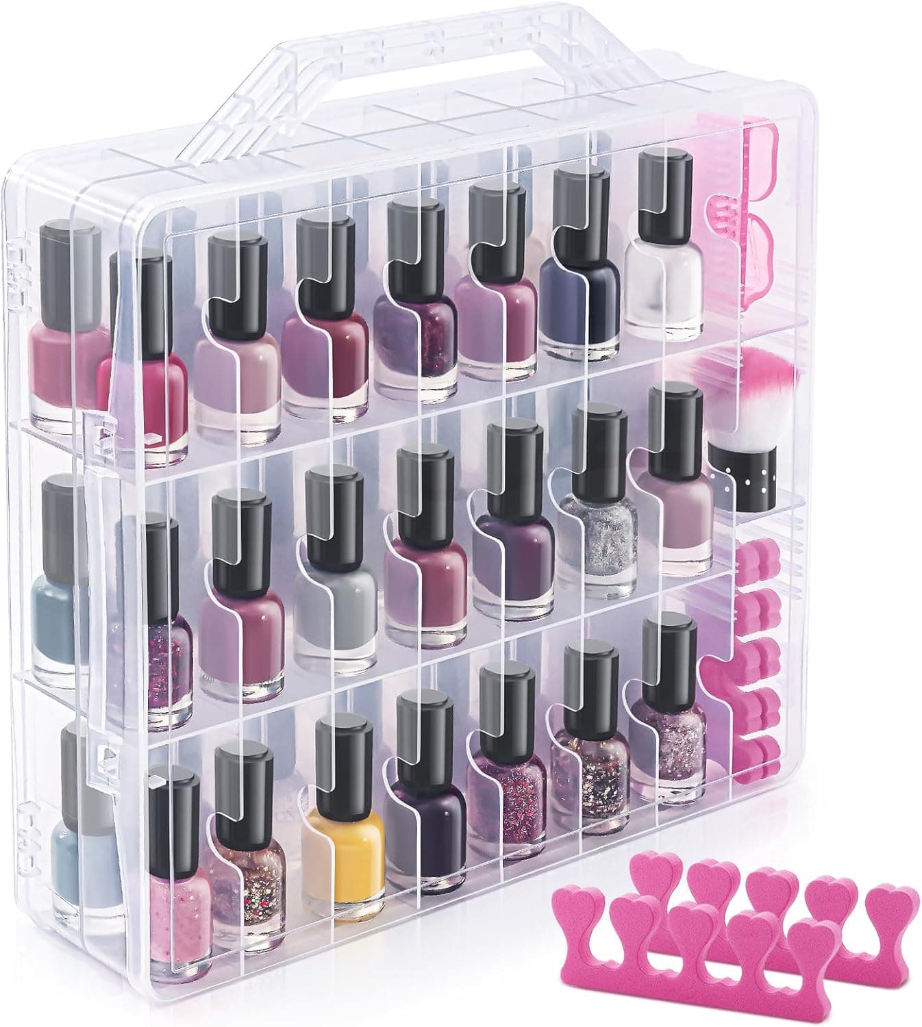 DreamGenius Nail Polish Organizer Case for 48 Bottles with 2 Nail Separators, Double Side Gel Nail Polish Holder with Adjustable Dividers, Clear