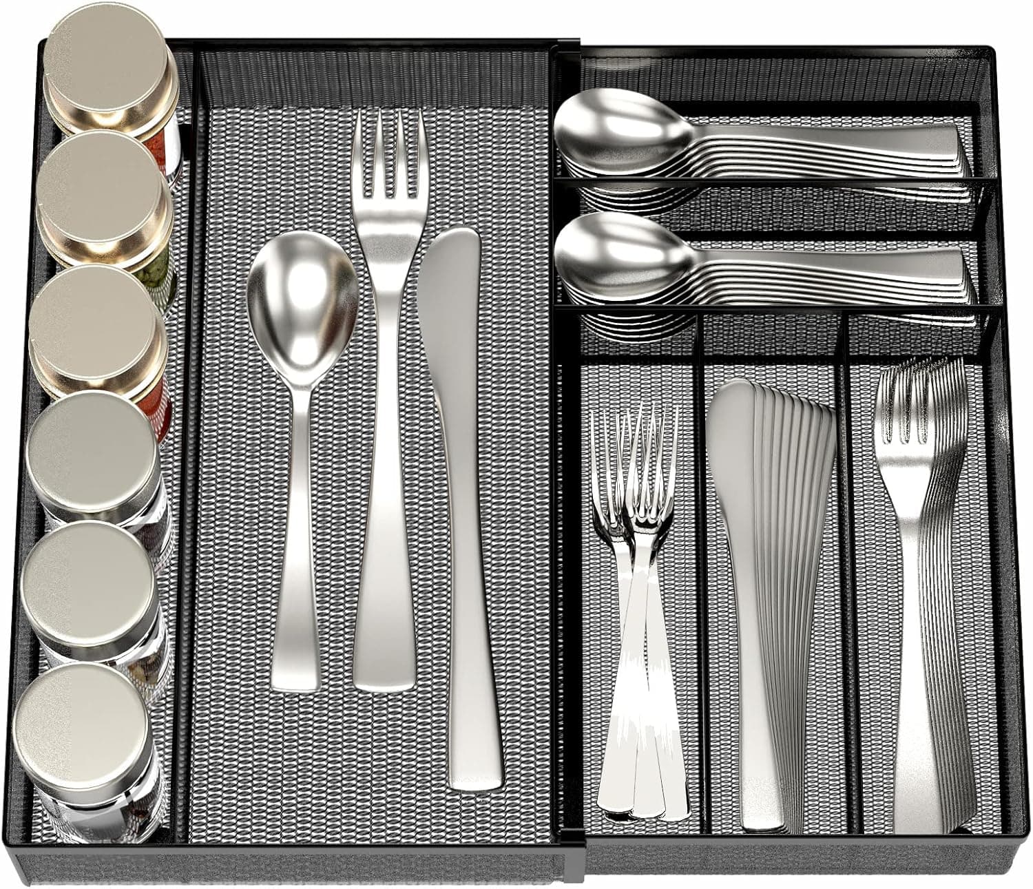 JANE EYRE Utensil Drawer Organizer - Expandable Cutlery Tray, Silverware/Flatware Storage Divider for Kitchen, Mesh Designing with Non-slip Rubber Feet (black)