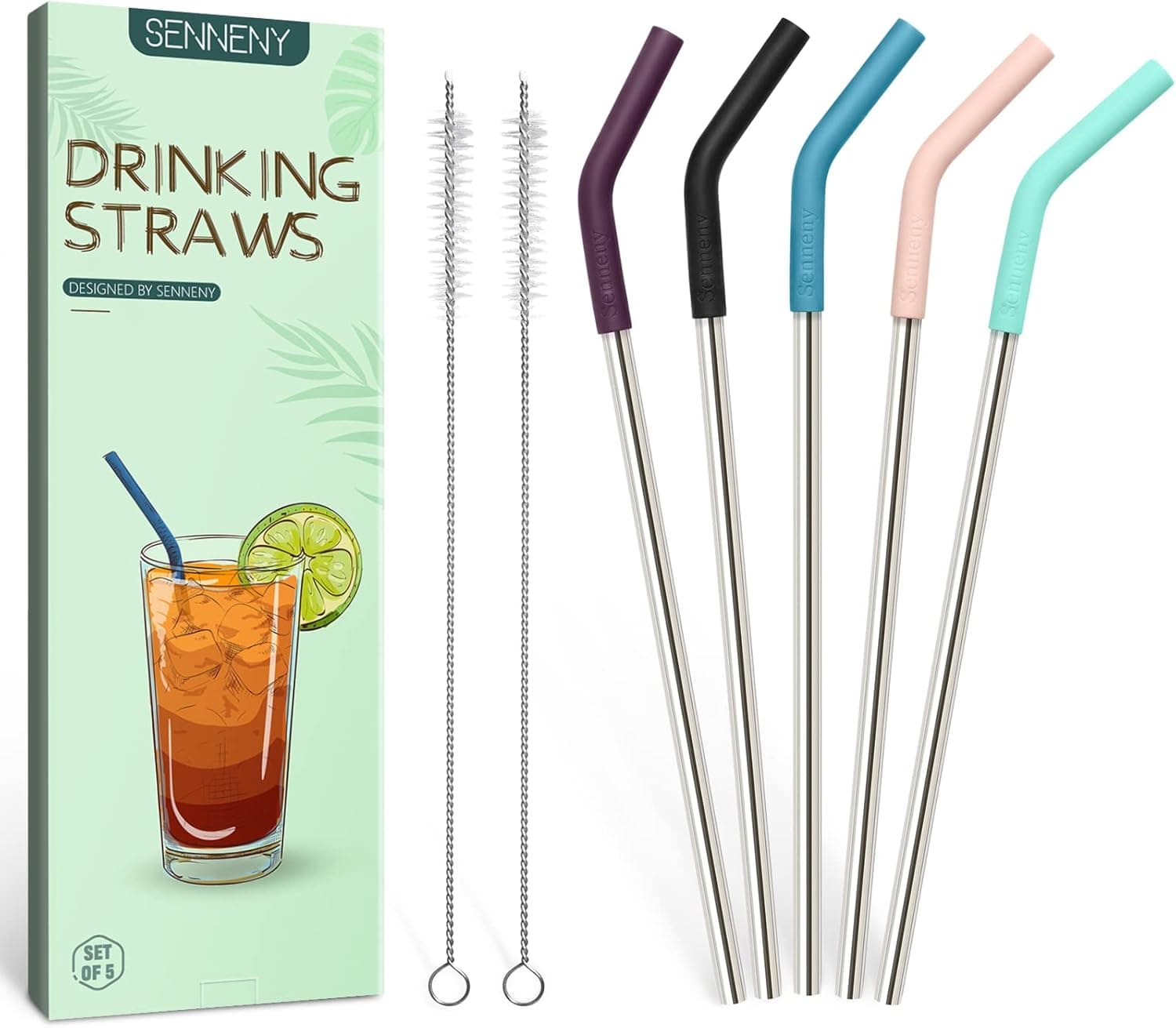 Senneny Set of 5 Stainless Steel Straws with Silicone Flex Tips Elbows Cover, 2 Cleaning Brushes and 1 Portable Bag Included (Silver)- 8mm diameter