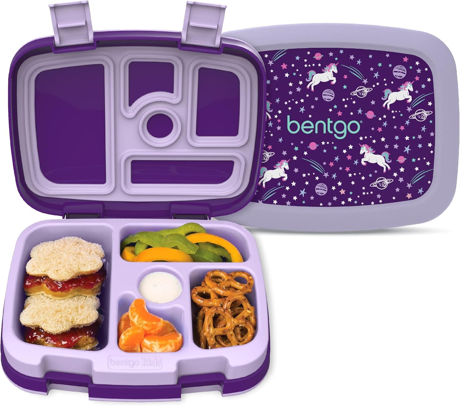 Bentgo Kids Prints Leak-Proof, 5-Compartment Bento-Style Kids Lunch Box - Ideal Portion Sizes for Ages 3-7, Durable, Drop-Proof, Dishwasher Safe, & PFAS & BPA-Free Materials (Unicorn)