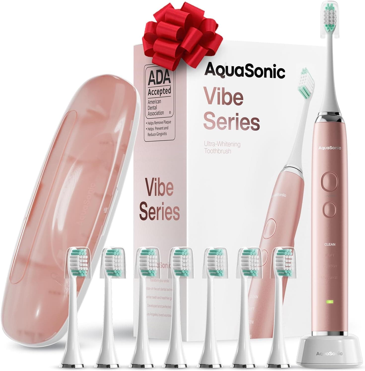 Aquasonic Vibe Series Ultra-Whitening Toothbrush – ADA Accepted Electric Toothbrush - 8 Brush Heads & Travel Case – 40,000 VPM Motor & Wireless Charging - 4 Modes w Smart Timer – Satin Rose Gold