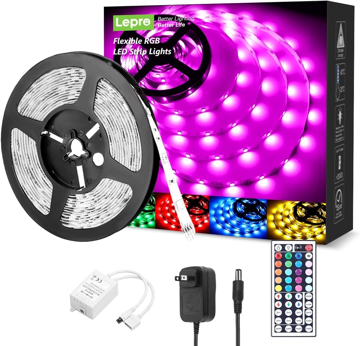 Lepro Indoor LED Strip Lights, 16.4ft RGB Color Changing 5050 SMD LED Light Strip with Remote & 24V Power Adapter for Home Decor, Bedroom, TV Backlight