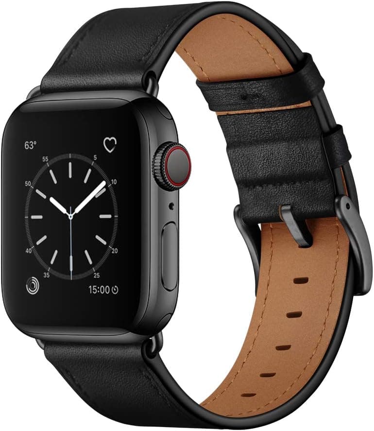 OUHENG Leather Bands Compatible with Apple Watch Band 49mm/46mm/45mm/44mm/42mm, Genuine Leather Strap Compatible with iWatch Ultra 3/2/1 & Series 11/10/9/8/7/6/5/4/3/2/1 & SE3 SE2 SE, Black/Black