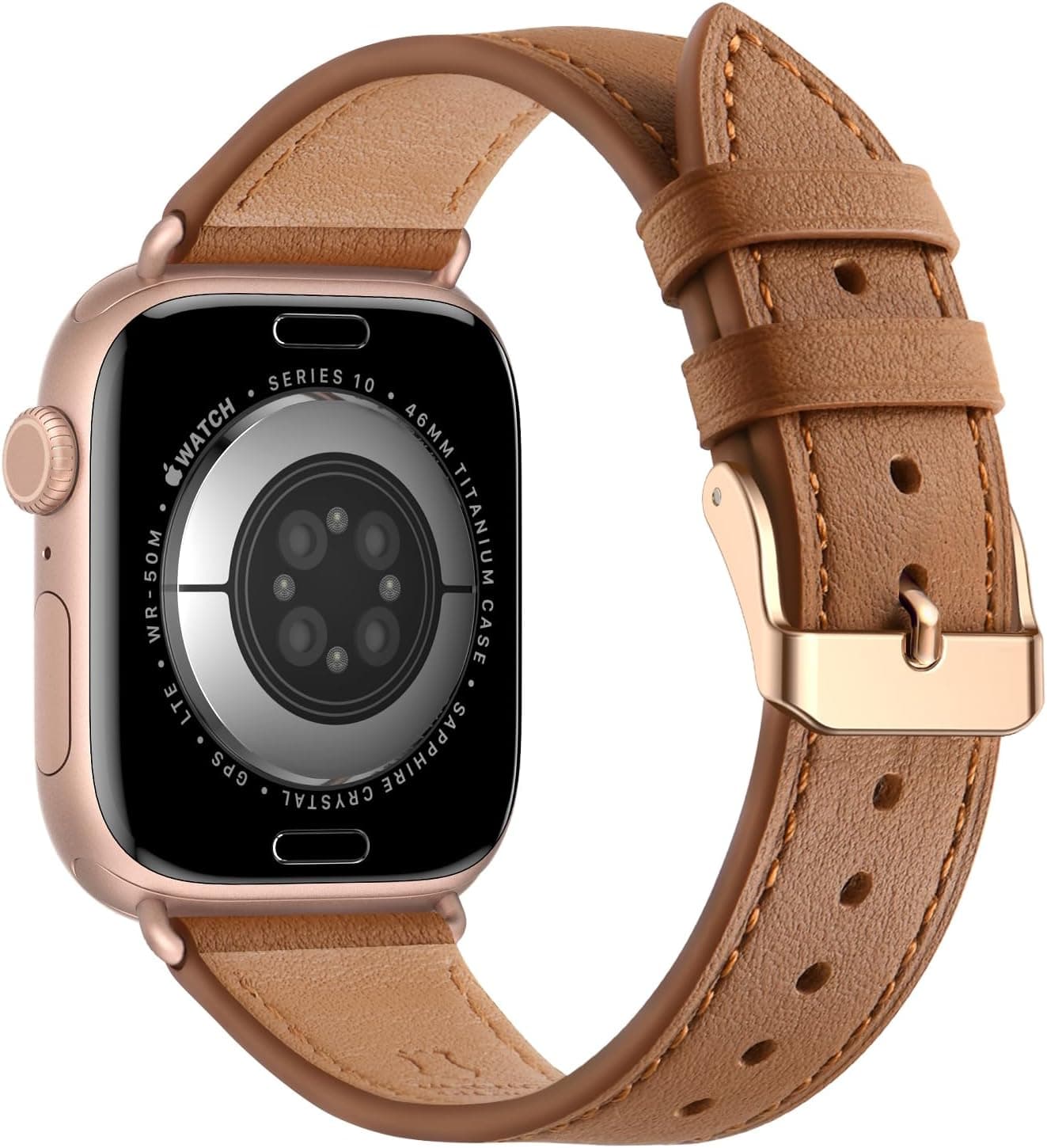 Bestig Leather Bands Compatible with Apple Watch Band 38mm 40mm 41mm 42mm(Series 10 11) for Women Men, Wristband Strap for iWatch SE3/2/1&Series 9 8 7 6 5 4 3 2 1(Brown+Rose Gold)
