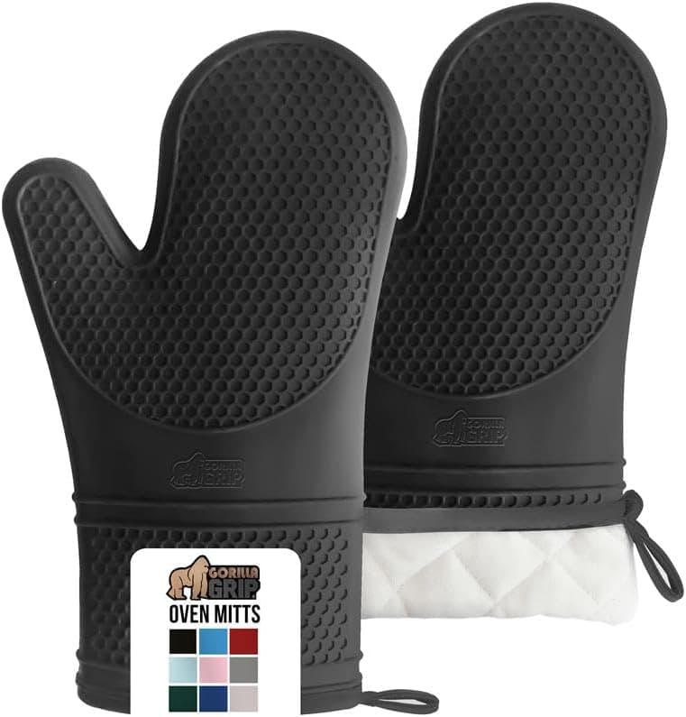 GORILLA GRIP BPA-Free Soft Silicone Oven Mitts, Heat Resistant and Waterproof Cooking Safety Gloves, Thick Cotton Lining, Flexible Gripping, Kitchen Potholders Set, for Grilling, BBQ, 12.5x8.3, Black