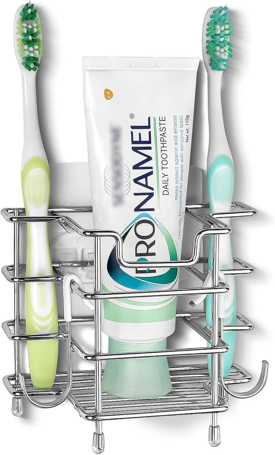 Linkidea Wall Mount Toothbrush Holder for Shower, Stainless Steel Toothpaste Stand, Self Adhesive/Countertop 3 Slots Organizer Compatible with Colgate Extra Clean, Oral-B CrossAction