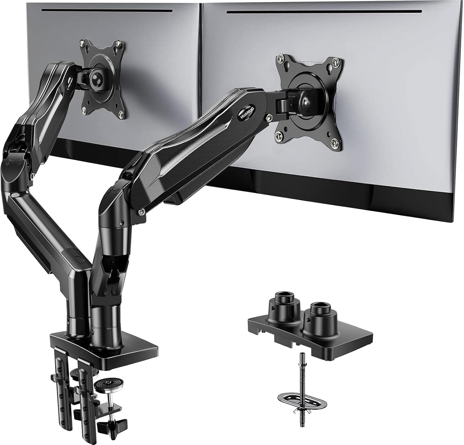 HUANUO Dual Monitor Stand, Fully Adjustable Monitor Desk Mount for 13–32″ Computer Screens, Full Motion VESA 75x75/100x100 with C-Clamp & Grommet Base, Each Arm Holds 4.4 to 19.8 lbs
