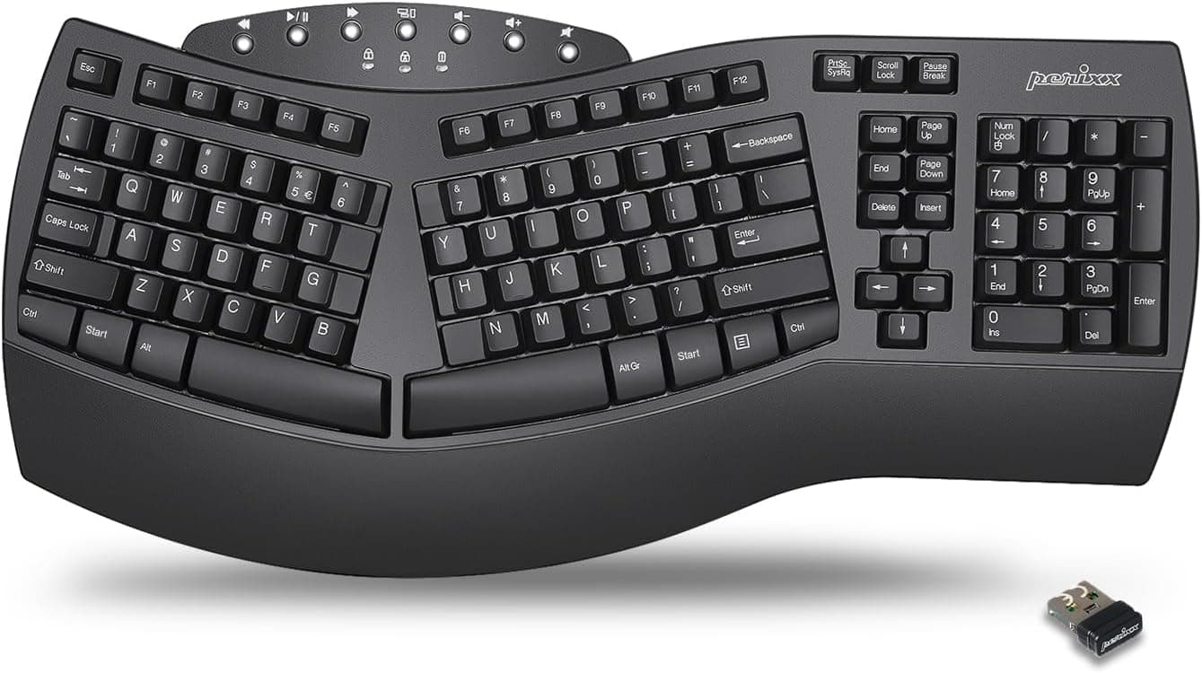 Perixx Periboard-612B Wireless Ergonomic Split Keyboard with Dual Mode 2.4G and Bluetooth Feature, Compatible with Windows 10 and Mac OS X System, Black, US English Layout