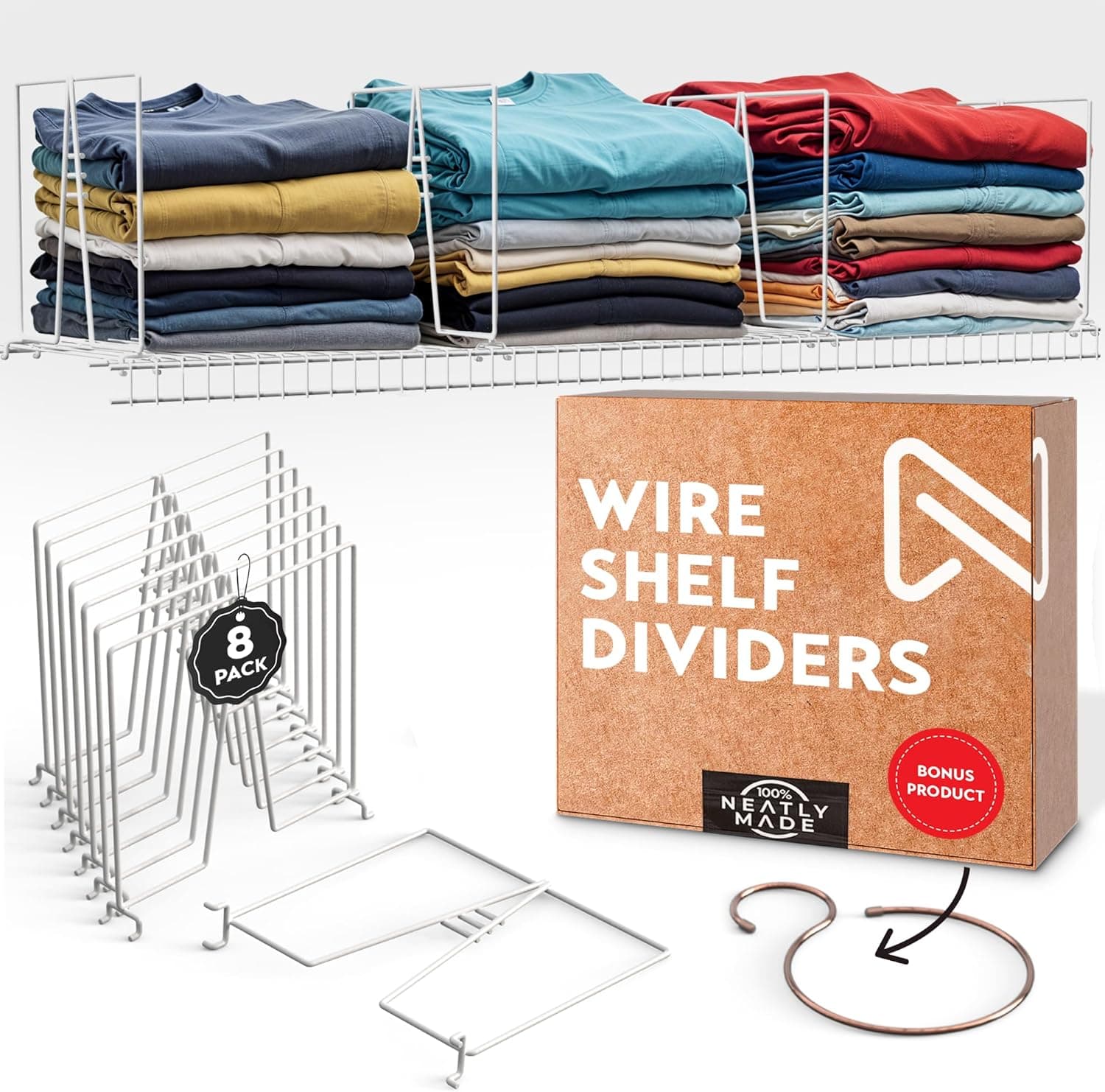 Tall White Wire Shelf Dividers for Closet Organization – Sturdy and Easy Set-Up Closet Shelf Dividers with Bonus Rose Gold Hanger (12 inch Wire Shelves, 8-Pack)