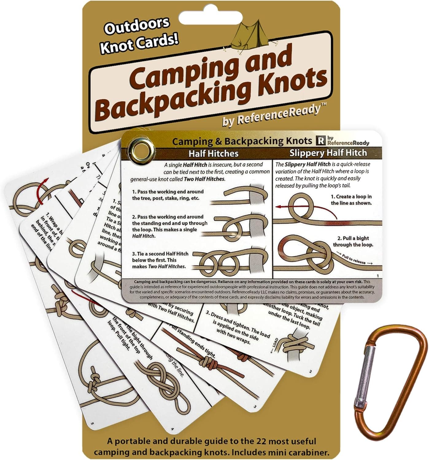 Outdoor Knots - Waterproof Knot Tying Cards with Mini Carabiner - Includes 22 Rope Knots for Camping, Backpacking, and Scouting Scenarios