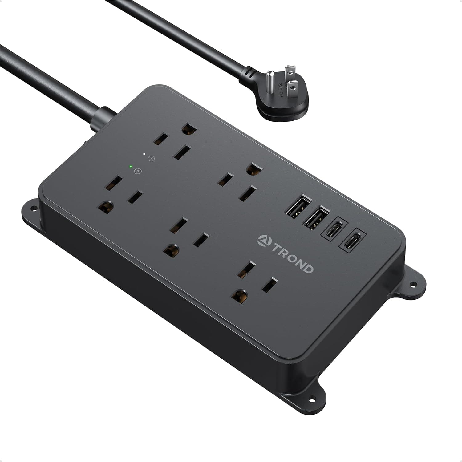 TROND Power Strip Surge Protector, 5 Widely-Spaced Outlets with 2 USB A and 2 USB C, ETL Listed, Wall Mountable, Flat Plug 5ft Extension Cord, 1300J, 14AWG Heavy Duty, for Office Kitchen, Black