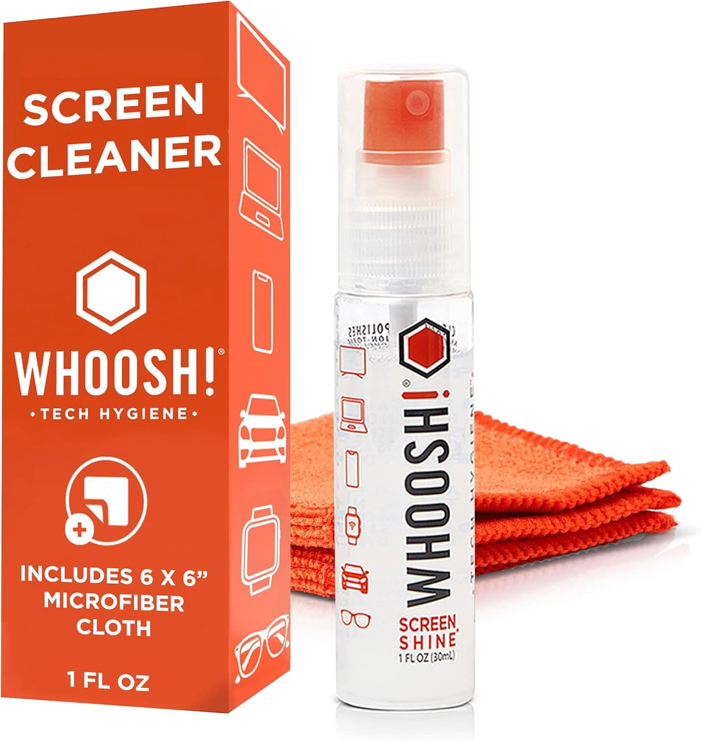 WHOOSH! Screen Shine Go - 1 fl oz Refillable Screen Cleaner Kit with Microfiber Cloth for MacBook, Phone, iPad & Eyeglasses - Powerful Streak-Free Cleaning - Pocket-Sized, TSA-Approved for Travel