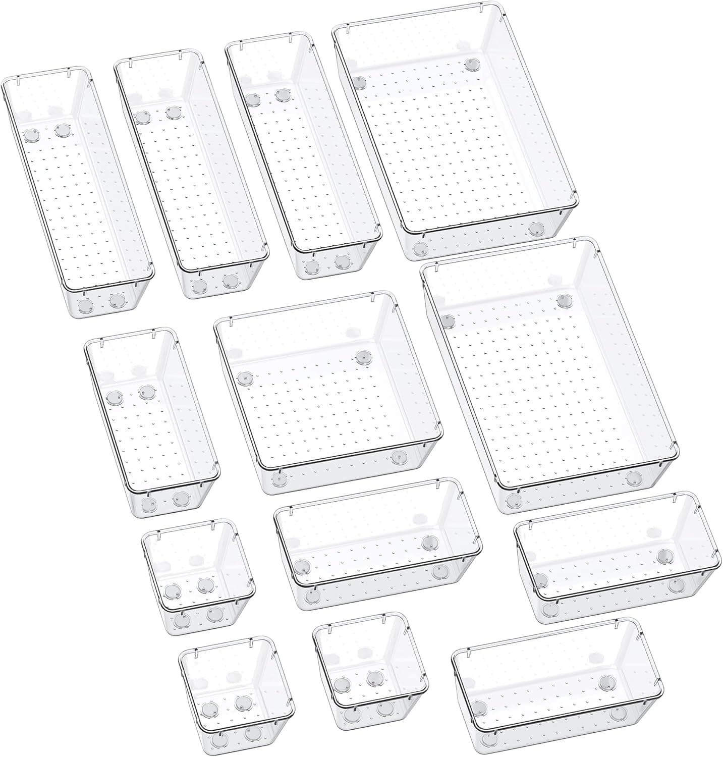 SMARTAKE 13-Piece Drawer Organizers with Non-Slip Silicone Pads, 5-Size Desk Bathroom Drawer Organizer Trays Storage Tray for Makeup, Jewelries, Utensils in Bedroom Dresser, Office and Kitchen, Clear