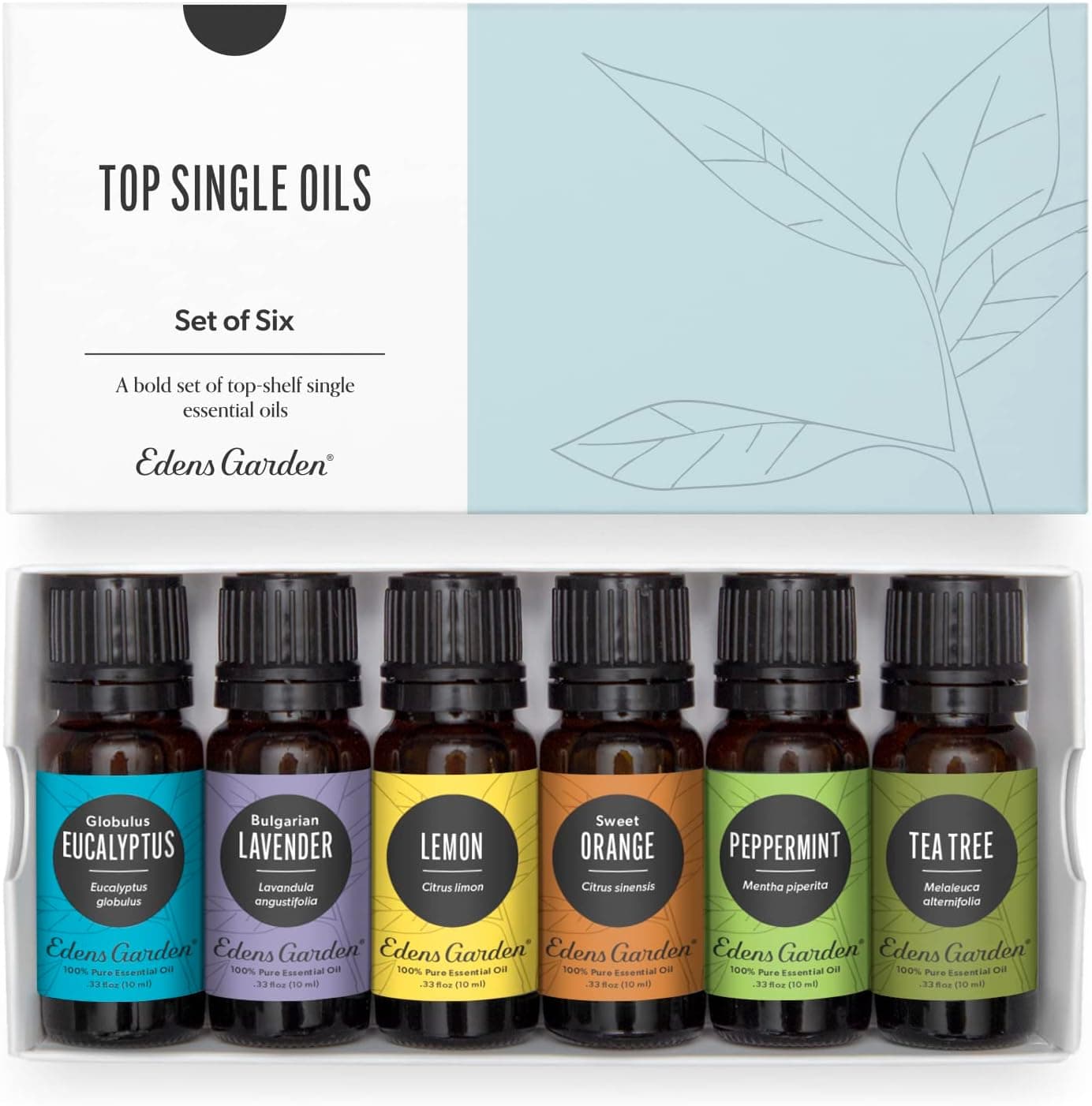 Edens Garden Top Essential Oils 6 Set – 100% Pure Therapeutic Grade, Undiluted: Lavender, Peppermint, Eucalyptus, Tea Tree, Lemongrass, Sweet Orange – Aromatherapy Oil for Diffusers, 10 ml/ 6 Pack