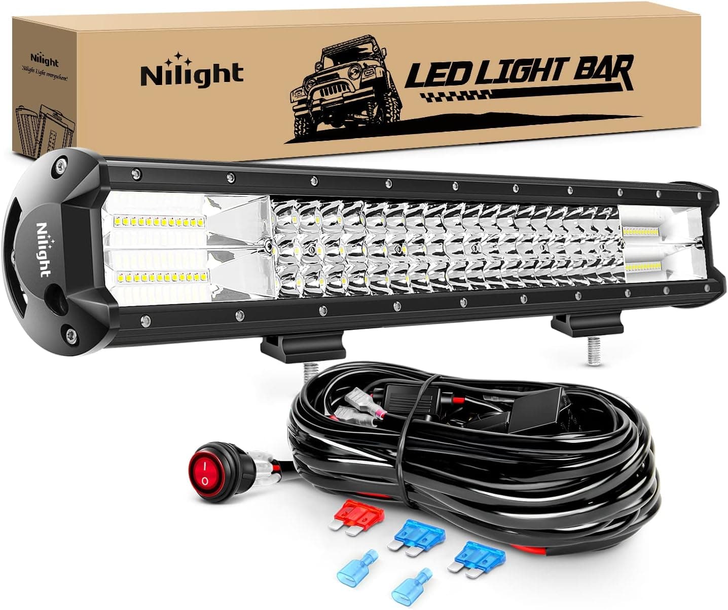Nilight LED Light Bar 20Inch 288W Flood Spot Combo 28800LM Off Road Driving Lighting with Wiring Harness for Trucks Tractor Trailer Pickup Golf Cart SUV ATV UTV 4x4 Van Camper