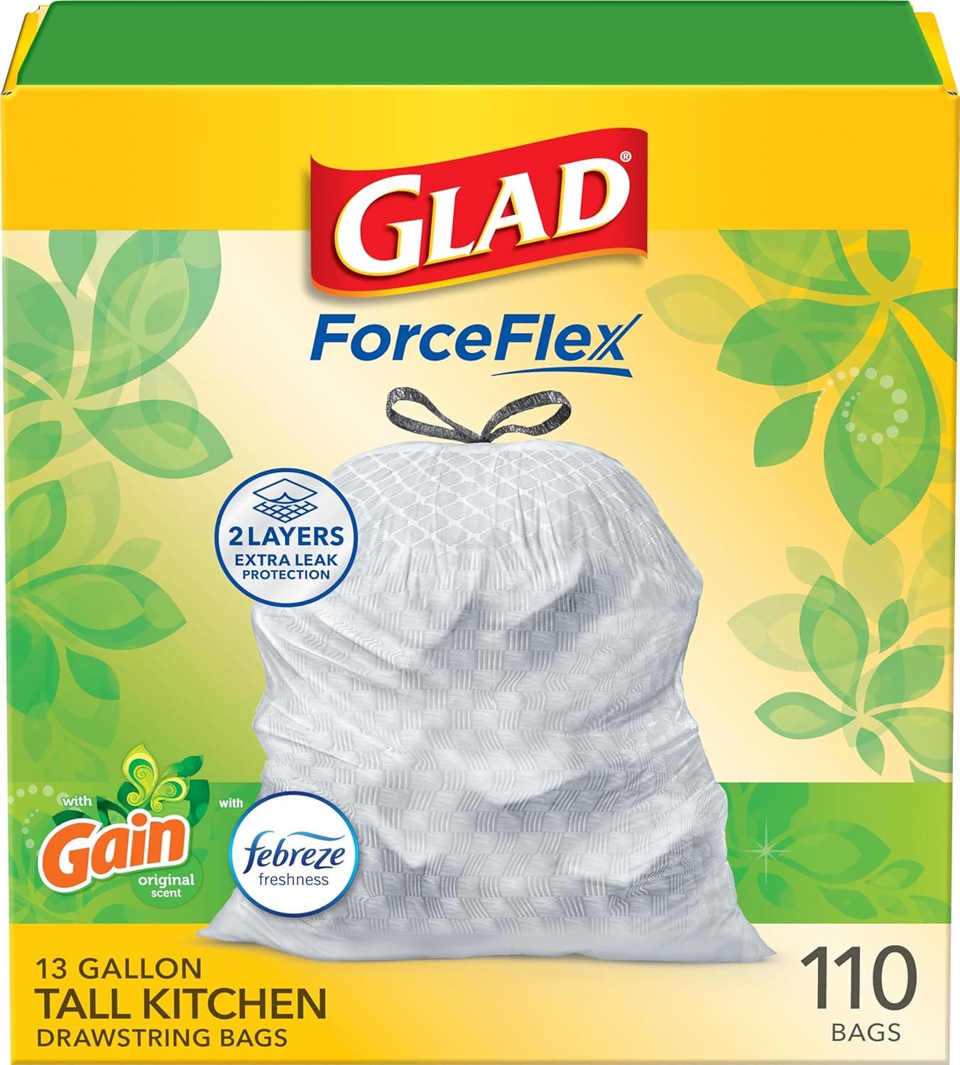 Glad ForceFlex Tall Kitchen Drawstring Trash Bags, 13 Gal, Gain Original, 110 Ct (Package May Vary)