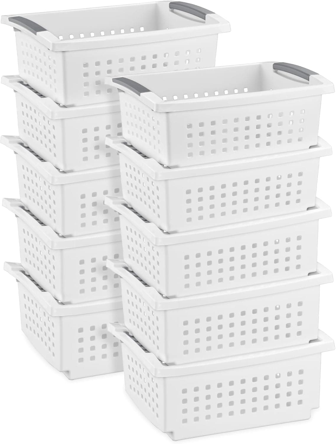 Sterilite 10-Pack Medium Stacking Basket, Open Top Plastic Storage Organizer, White - Stackable Crate Containers for Countertop, Cabinet, Pantry Shelf, Laundry Room, Bathroom & Home Office