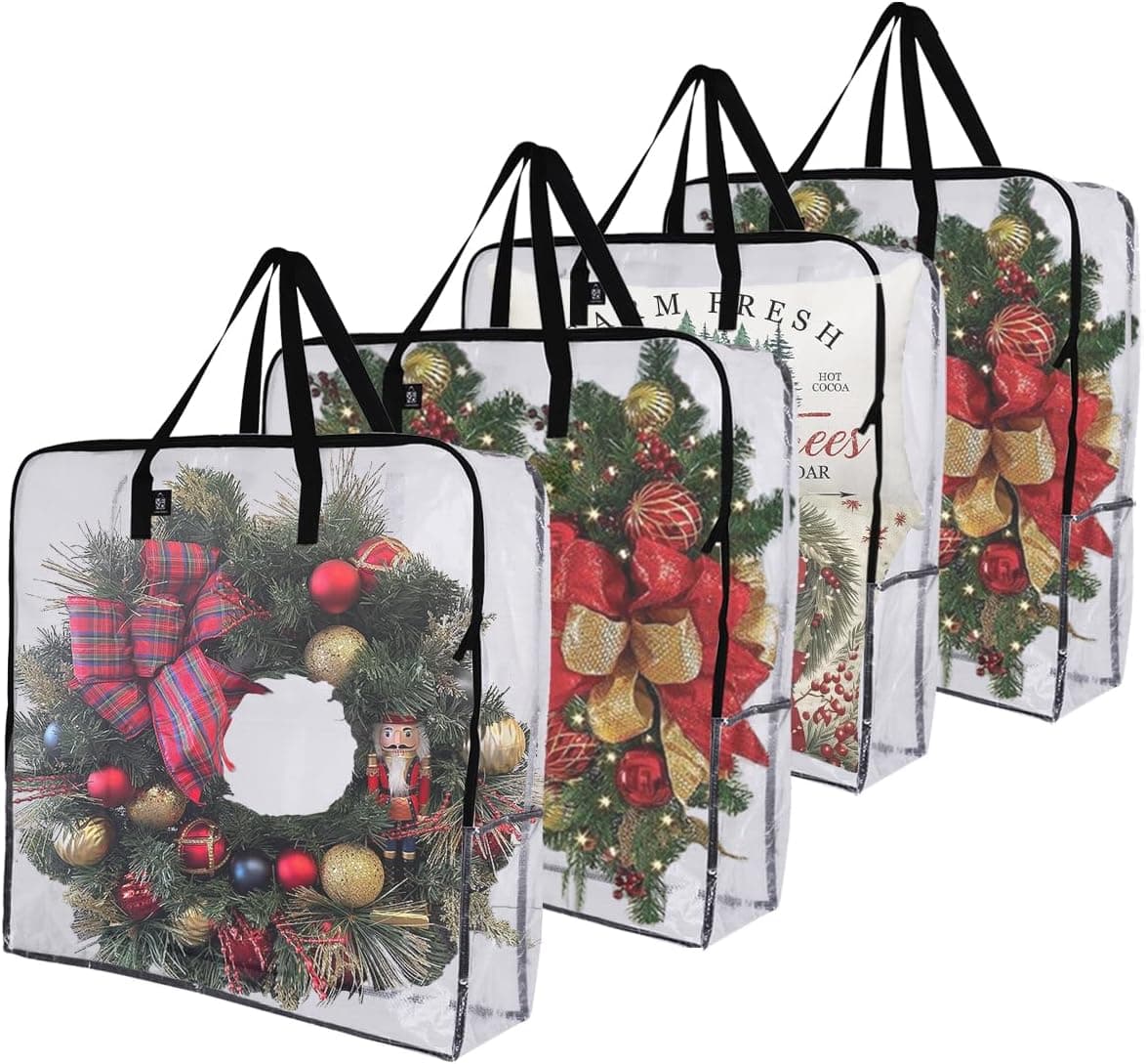 VENO 4 Pack Wreath Storage Bag and Christmas Decoration Garland Container, 30 Inch Clear Wreath Bag, Holiday Decoration Organizers. Moving Boxes, Packing Supplies for College (Square - 4 Pack)