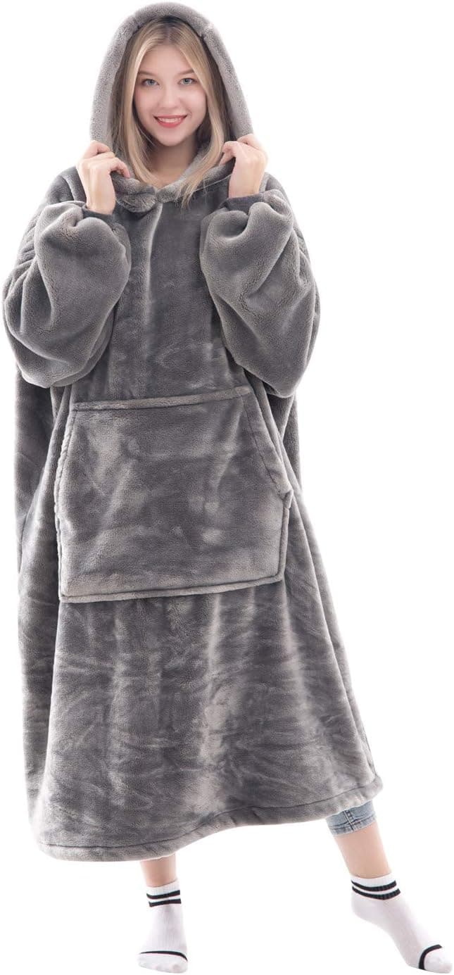 Waitu Wearable Blanket Sweatshirt Gifts for Women and Men, Super Warm and Cozy Giant Blanket Hoodie, Thick Flannel Blanket with Sleeves and Giant Pocket - Gray