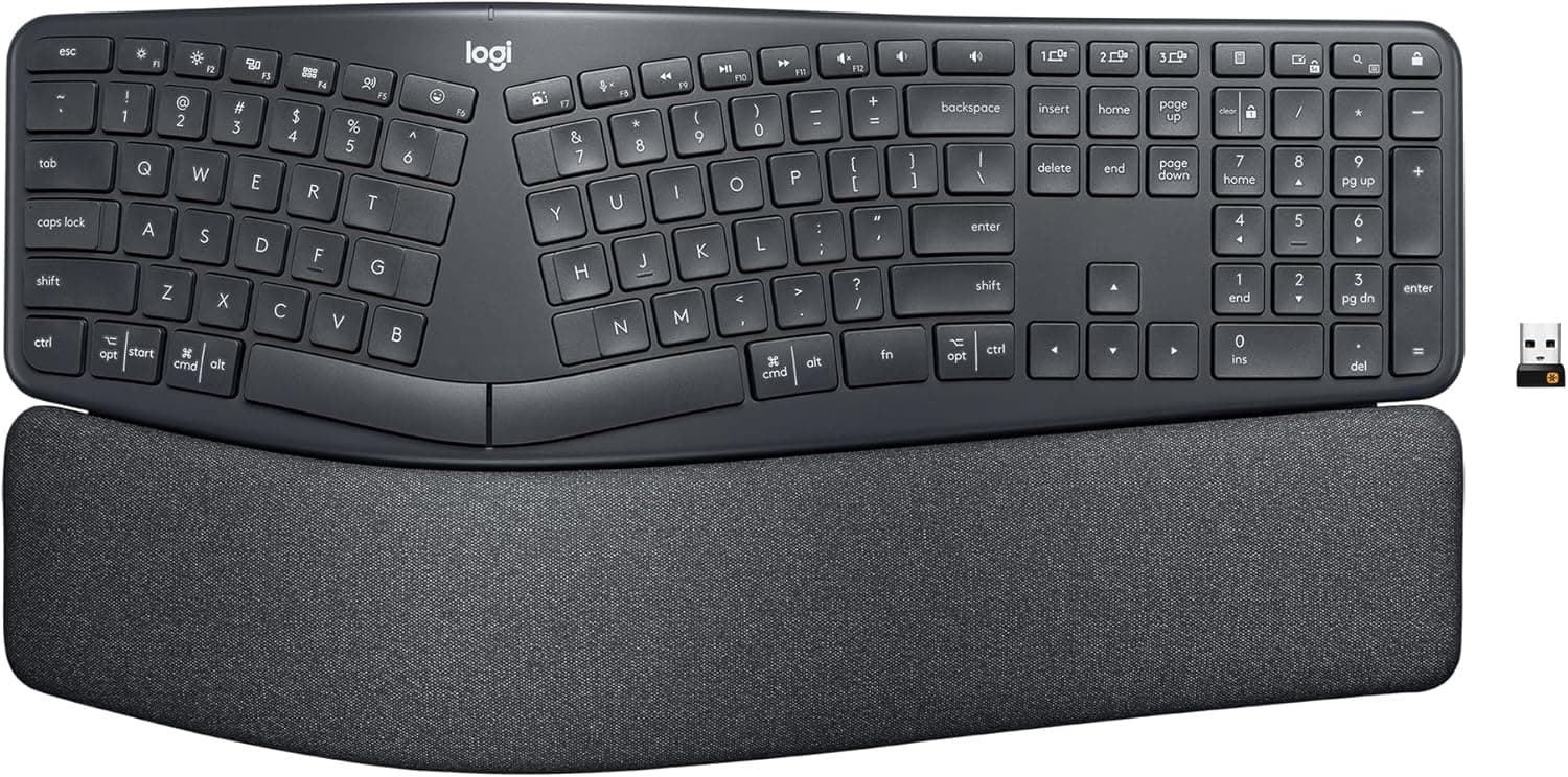 Logitech ERGO K860 Wireless Ergonomic Keyboard - Split Keyboard, Wrist Rest, Natural Typing, Stain-Resistant Fabric, Bluetooth and USB Connectivity, Compatible with Windows/Mac, Black