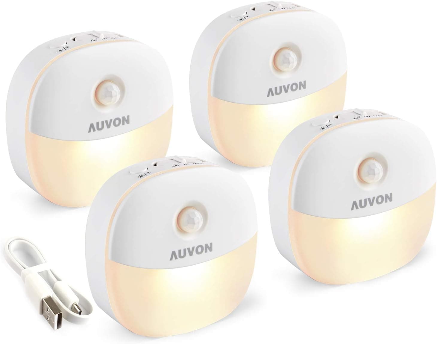 AUVON Rechargeable Battery Night Light, Mini with Motion Sensor, Warm White LED Stick-On Closet Light with Dusk to Dawn Sensor, Adjustable Brightness for Wall, Stairs, Hallway, Cabinet (4 Pack)