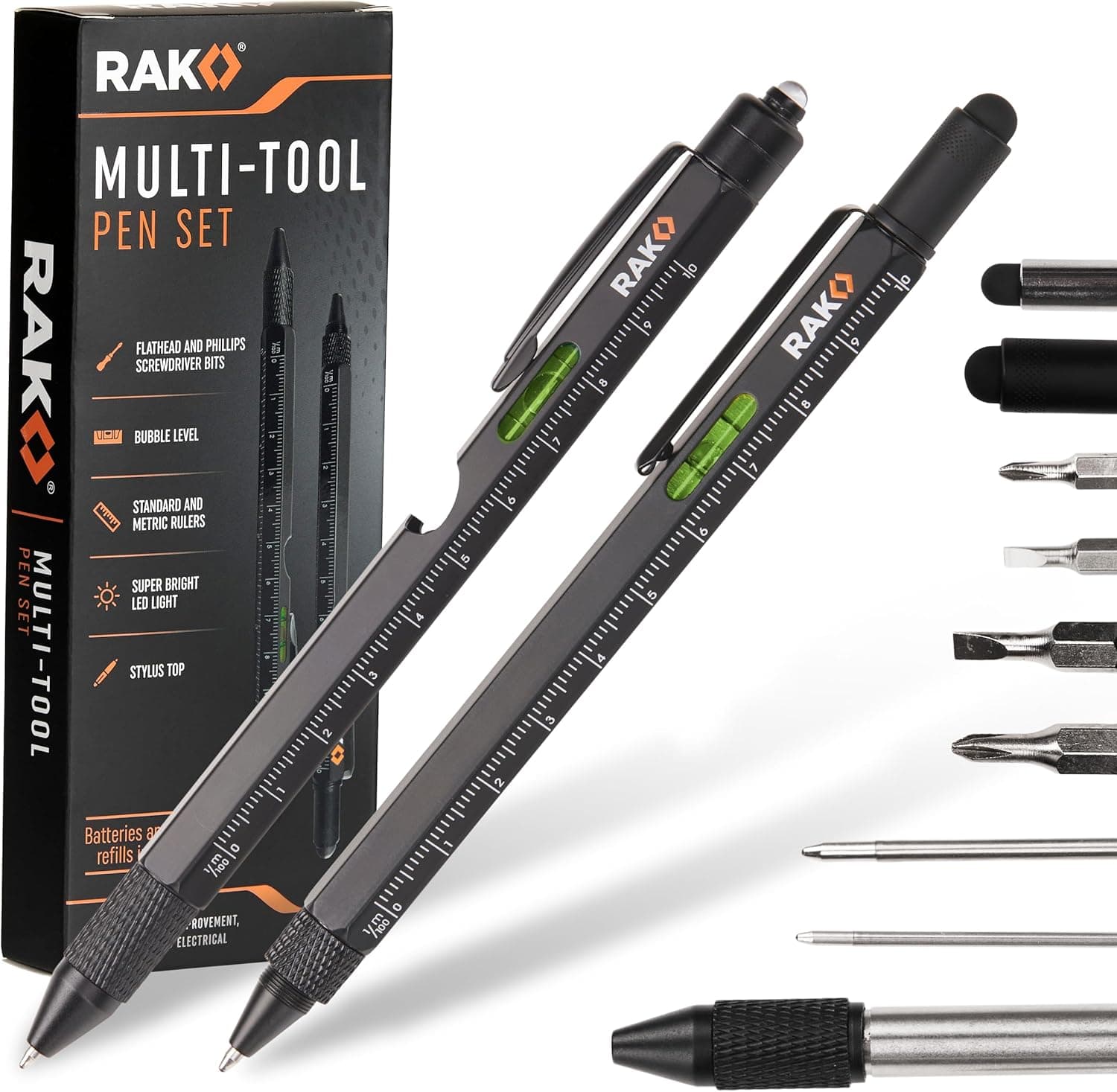 RAK Multitool Pen Gifts for Men, 2-Pack 11 in 1 Multitool Pen Set, Tech Cool Gadgets Stocking Stuffer Holiday Christmas Gifts for Dad, Husband, Grandpa, Him, EDC Tactical Pen Tool, Gift-Ready Box