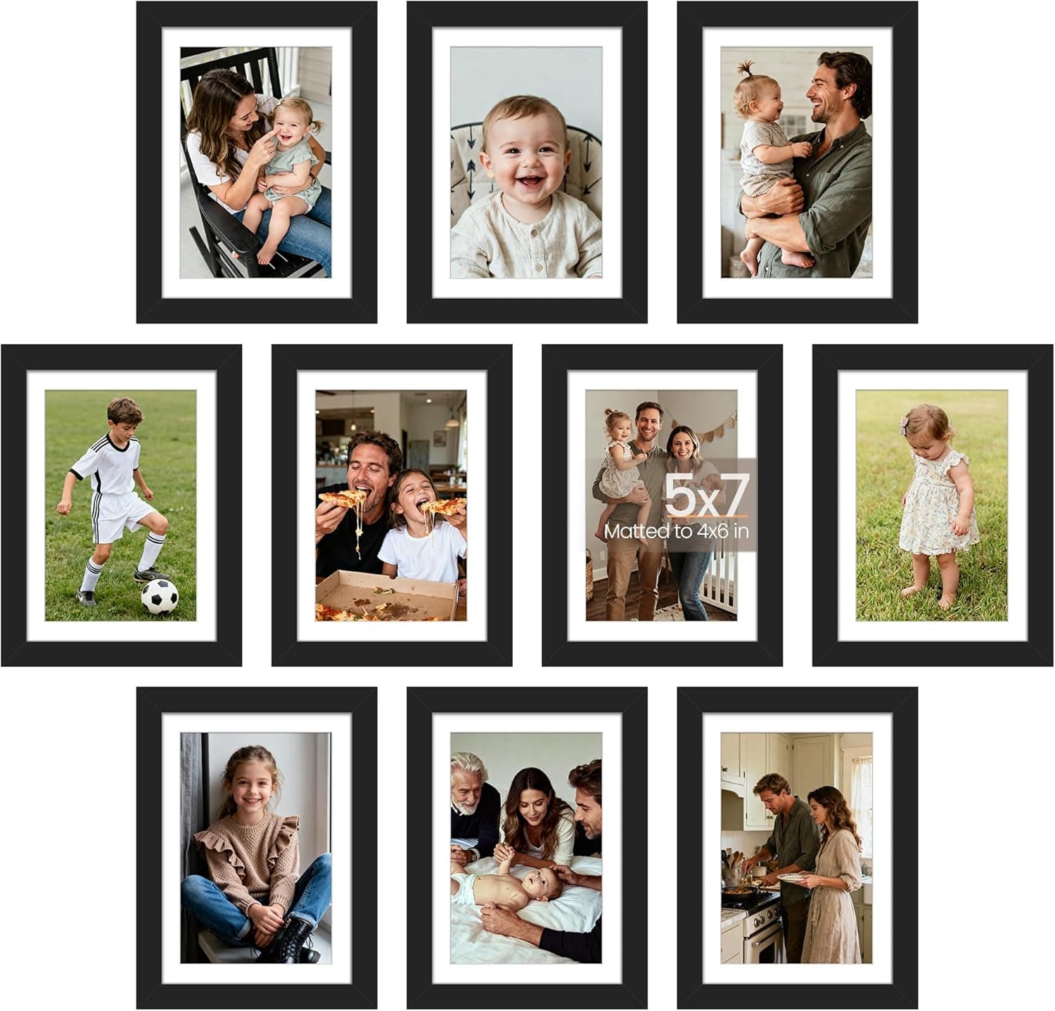 upsimples 5x7 Picture Frame Set of 10, Display Pictures 4x6 with Mat or 5x7 Without, Multi Photo Frames Collage for Wall or Tabletop Display, Black