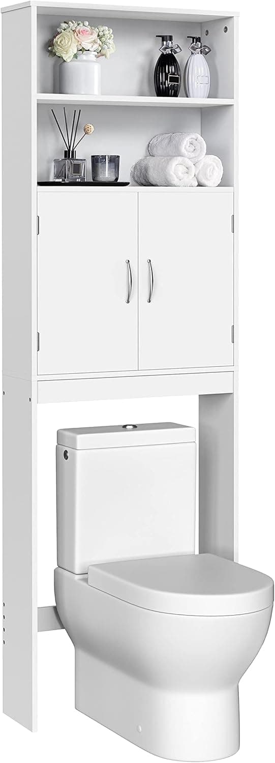 Yaheetech Over The Toilet Storage, Taller Bathroom Organizer Space-Saving Storage Cabinet with Adjustable Shelves and Double Doors, 77 in H, White