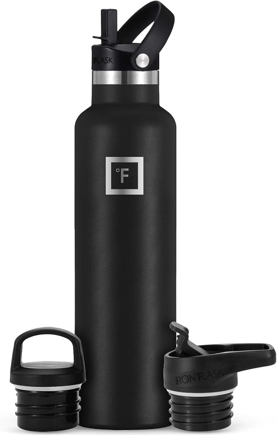 IRON °FLASK Camping & Hiking Hydration Flask with Straw, BPA-Free Insulated Stainless Steel Sports Water Bottle - 24 oz Midnight Black