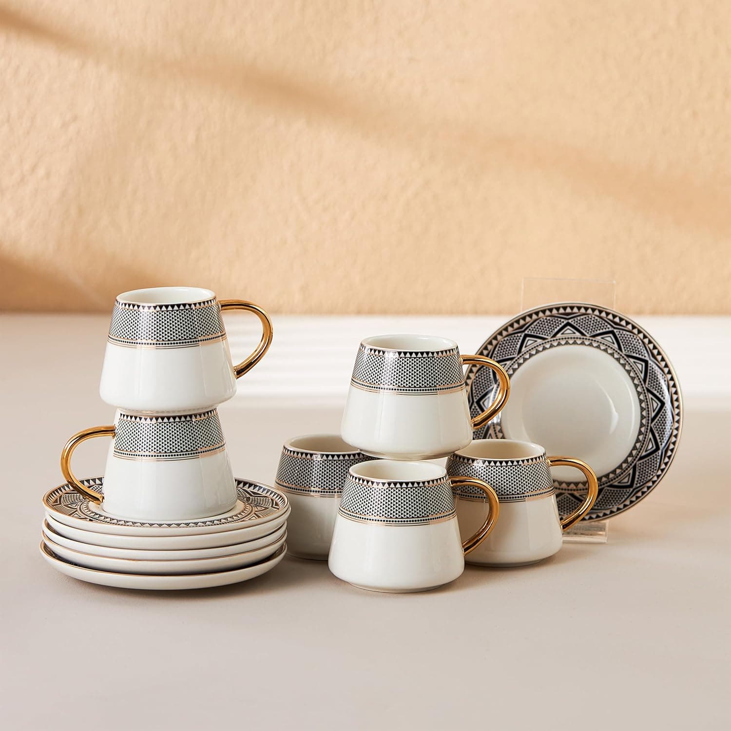 KARACA Globe Turkish Coffee Cup Set of 6, 80ml, 2.7 oz, Small Espresso Cups with Saucers, Porcelain, Black Patterns, and Gold Handles, Ideal for Serving Greek, Arabic Coffee