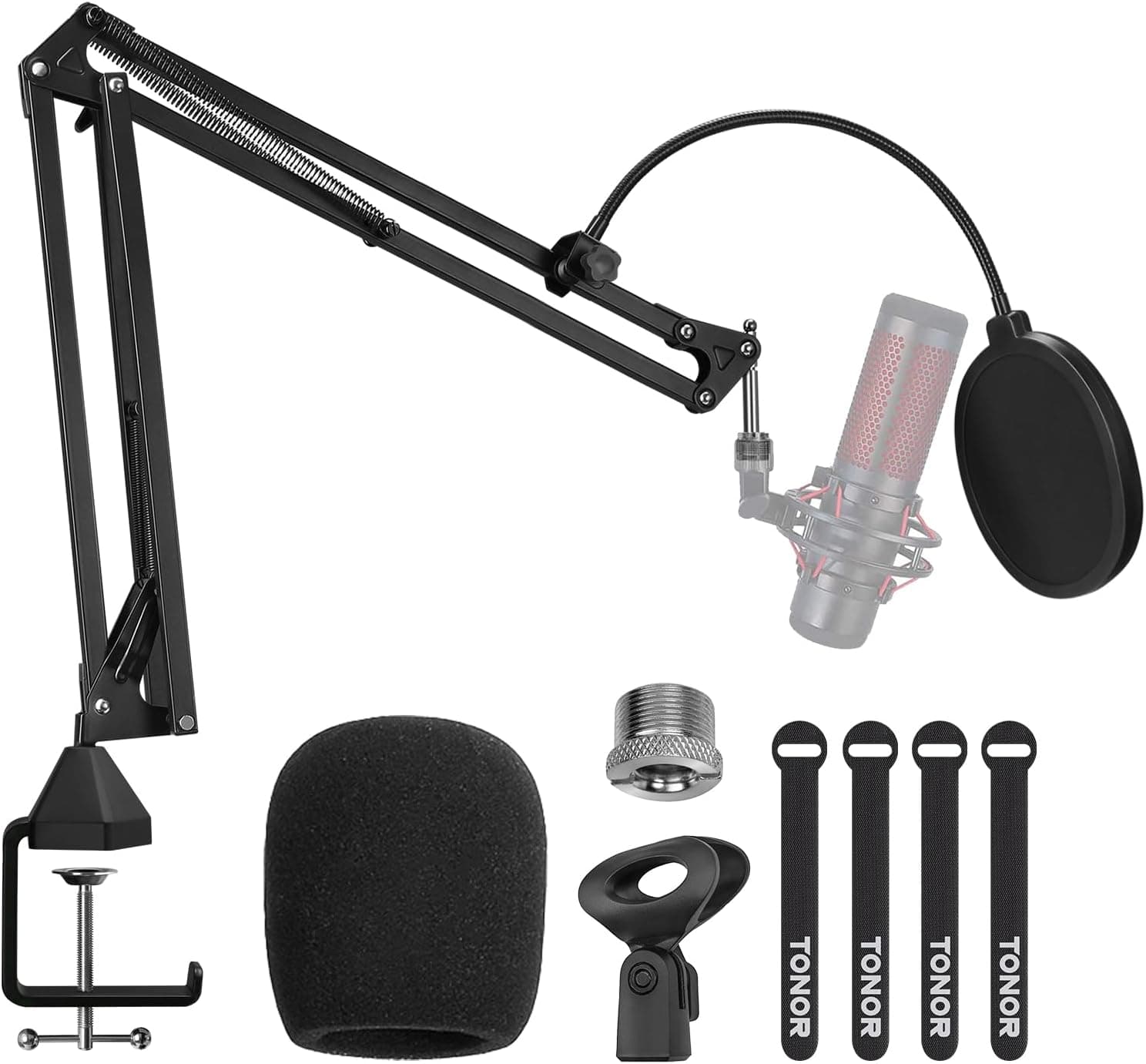 TONOR Microphone Arm Stand, Adjustable Suspension Boom Scissor Mic Stand with Pop Filter, 3/8" to 5/8" Adapter, Excellent Compatibility, Mic Clip, Upgraded Heavy Duty Clamp T20