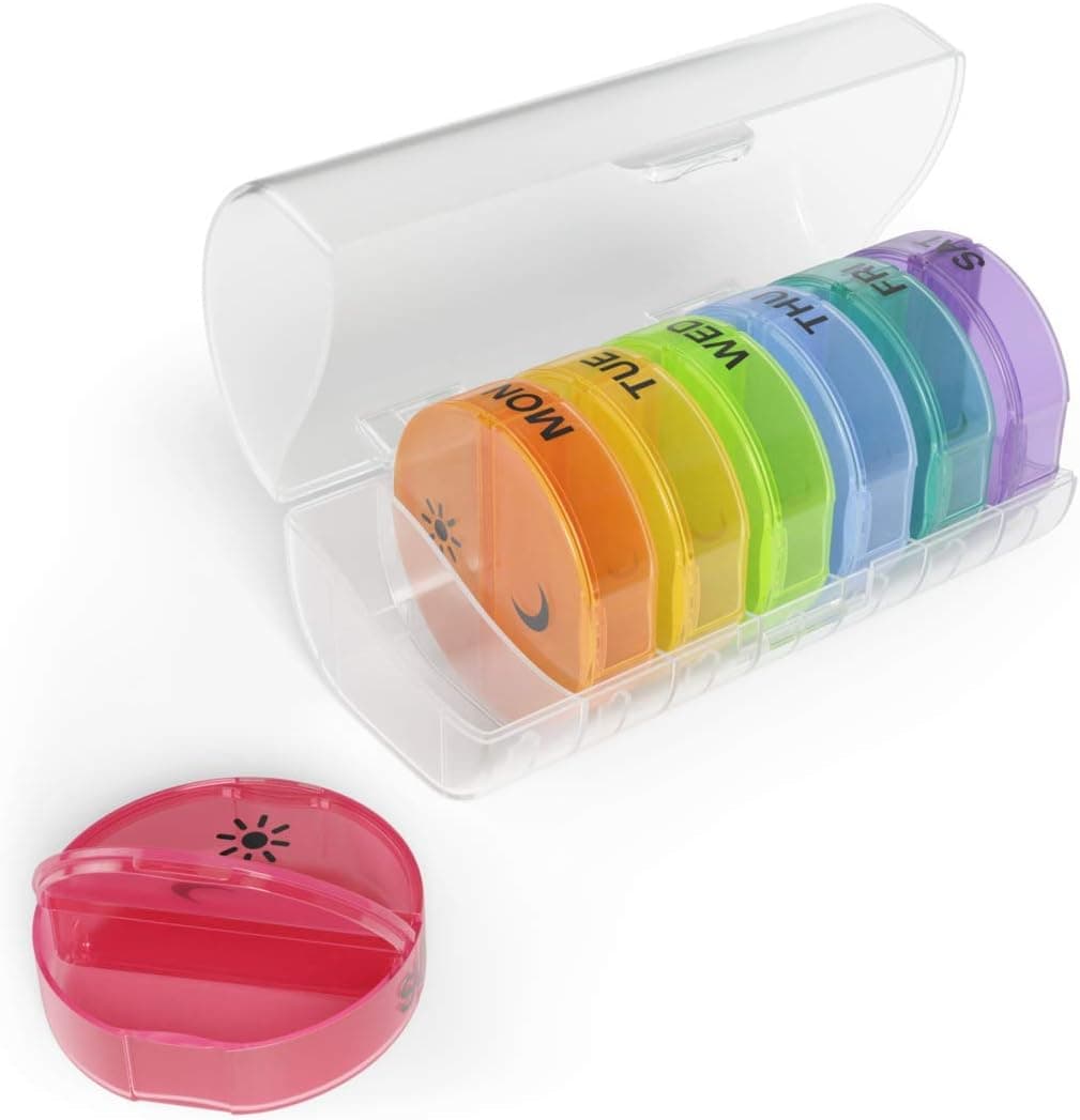 Ezy Dose Weekly (7-Day) Daily Pill Case, Medicine Planner, Vitamin Organizer Container, Travel Friendly, Easy to Use, X-Large Removable Individual Compartments, 2 Times a Day, Rainbow Lids, BPA Free