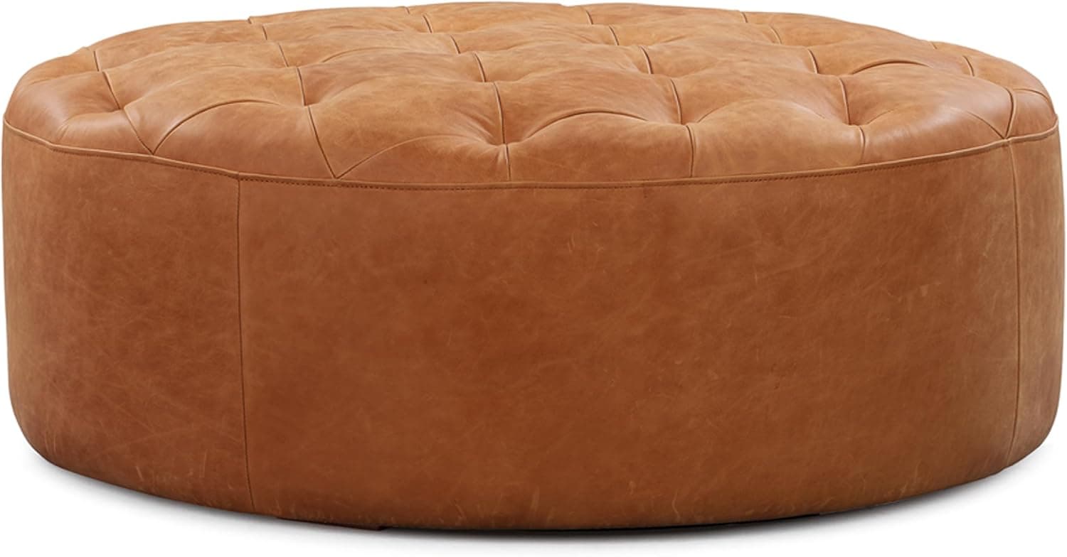 POLY & BARK Ascot Ottoman – 40" Round Pouf with Feather-Down Topper – Full-Grain Leather Upholstered Pouf Ottoman for Living Room – Vintage Italian Leather in Cognac Tan
