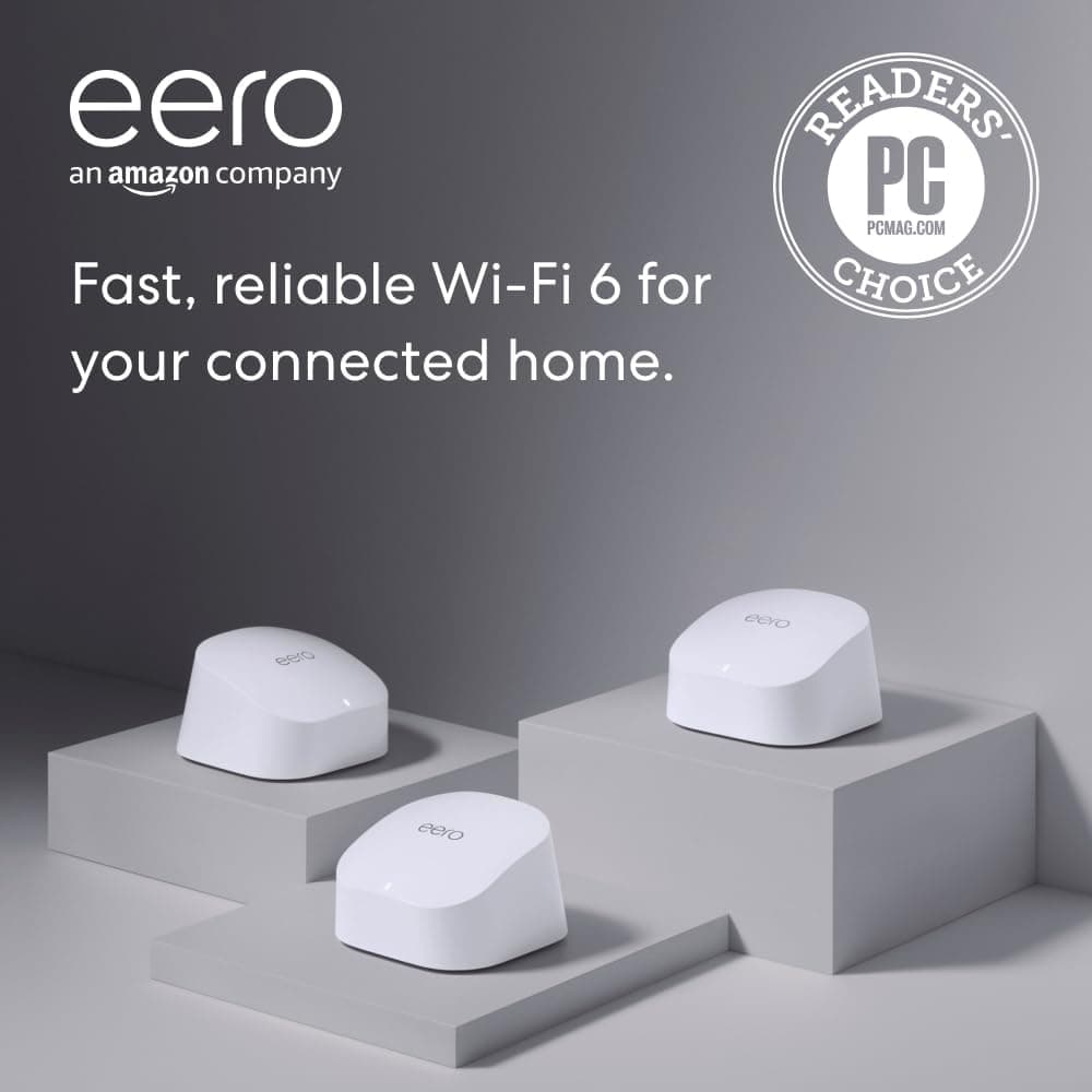 Amazon eero 6 mesh wifi system - Supports internet plans up to 500 Mbps, Coverage up to 4,500 sq. ft., Connect 75+ devices, 3-pack (1 router + 2 extenders)