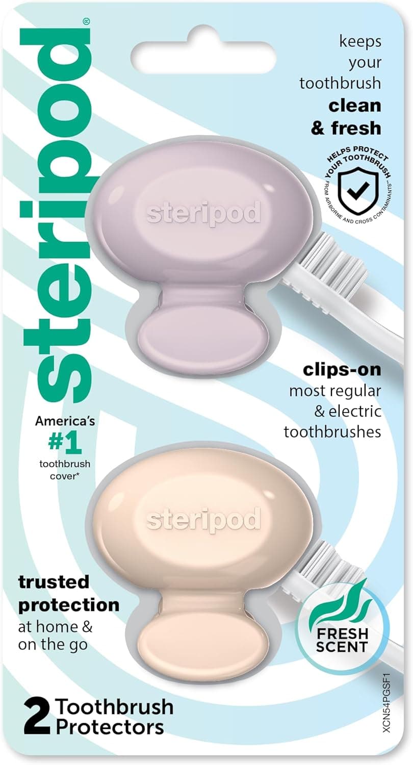 Steripod Clip-On Toothbrush Protector, Keeps Fresh and Clean, Fits Most Manual and Electric Toothbrushes, Pink and Blue, 2 Count (Pack of 1)