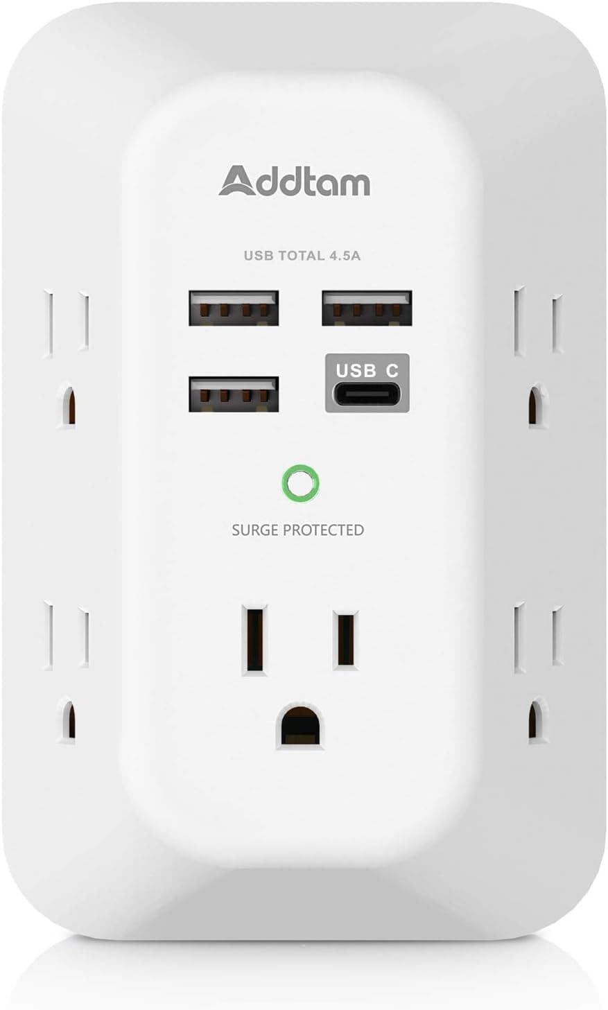 Addtam USB Wall Charger Surge Protector 5 Outlet Extender with 4 USB Charging Ports (1 USB C Outlet) 3 Sided 1800J Power Strip Multi Plug Outlets Wall Adapter Spaced for Home Travel Office ETL Listed