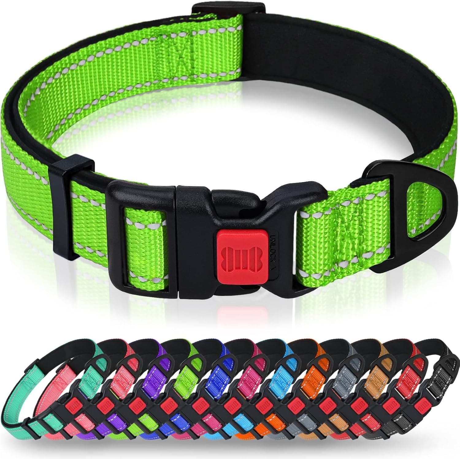 Taglory Reflective Dog Collar with Safety Locking Buckle, Adjustable Nylon Pet Collars for Large Dogs Female Male, Green, L