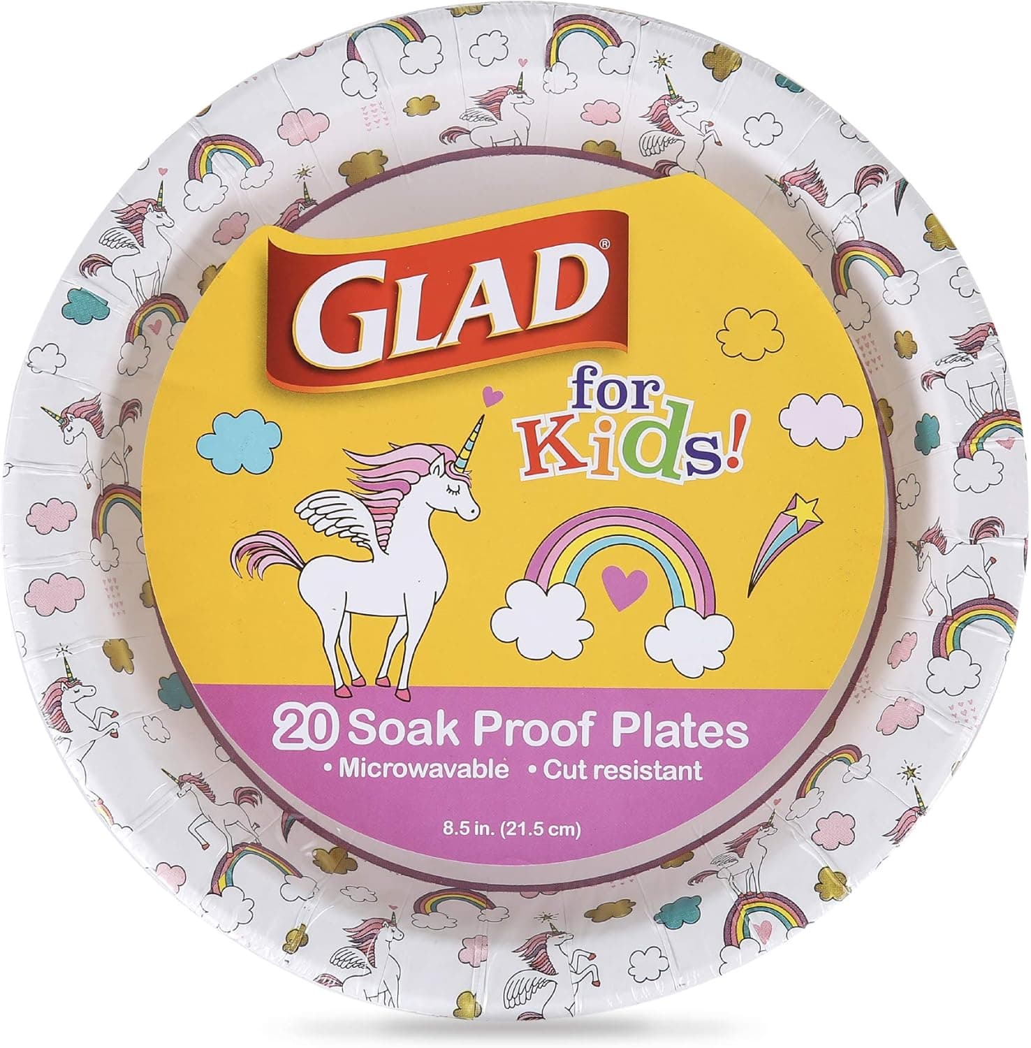 Glad for Kids Unicorn Theme Round Disposable Paper Plates - Heavy Duty, Soak Proof, Microwavable Plates with Unicorns Design for All Occasions, 8.5 Inch, 20 Count