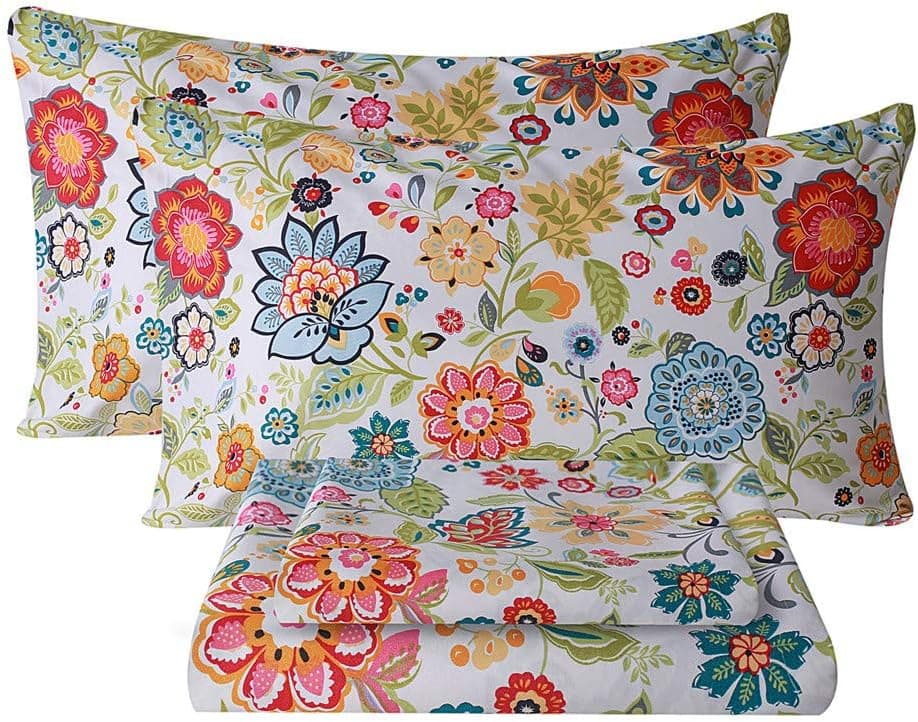 Bedlifes Queen Sheet Set Ultra Soft Breathable Silky Flower Bed Sheets Deep Pocket 100% Microfiber Bedding Sheets 4 Piece Queen Size Floral Spring