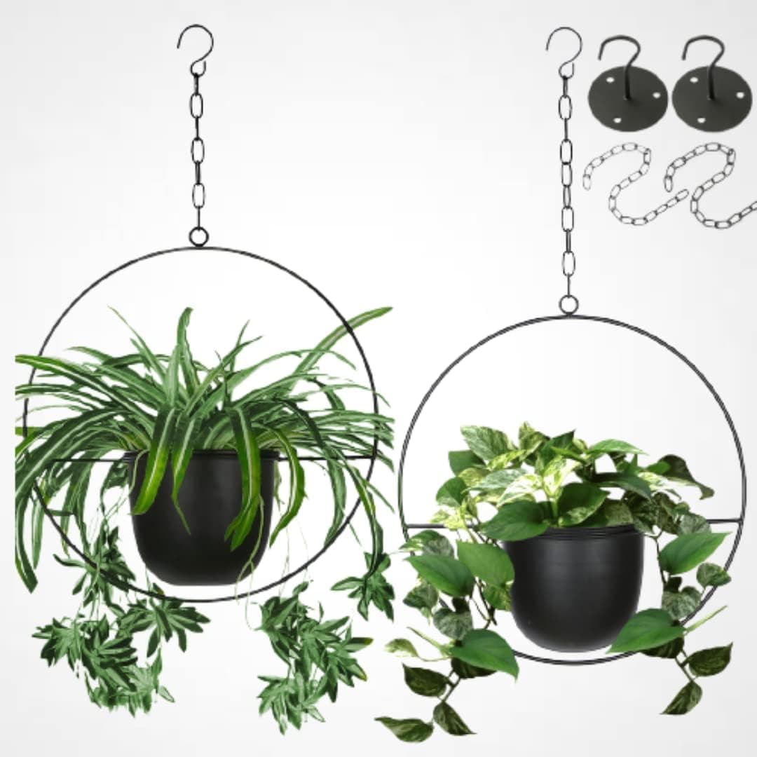 2 Pack Hanging Planters for Indoor Plants with 5.5" Pot + Ceiling Hook + Extender Chain | Hanging Plant Holder, Metal Minimalist Planter, NO Plant incld