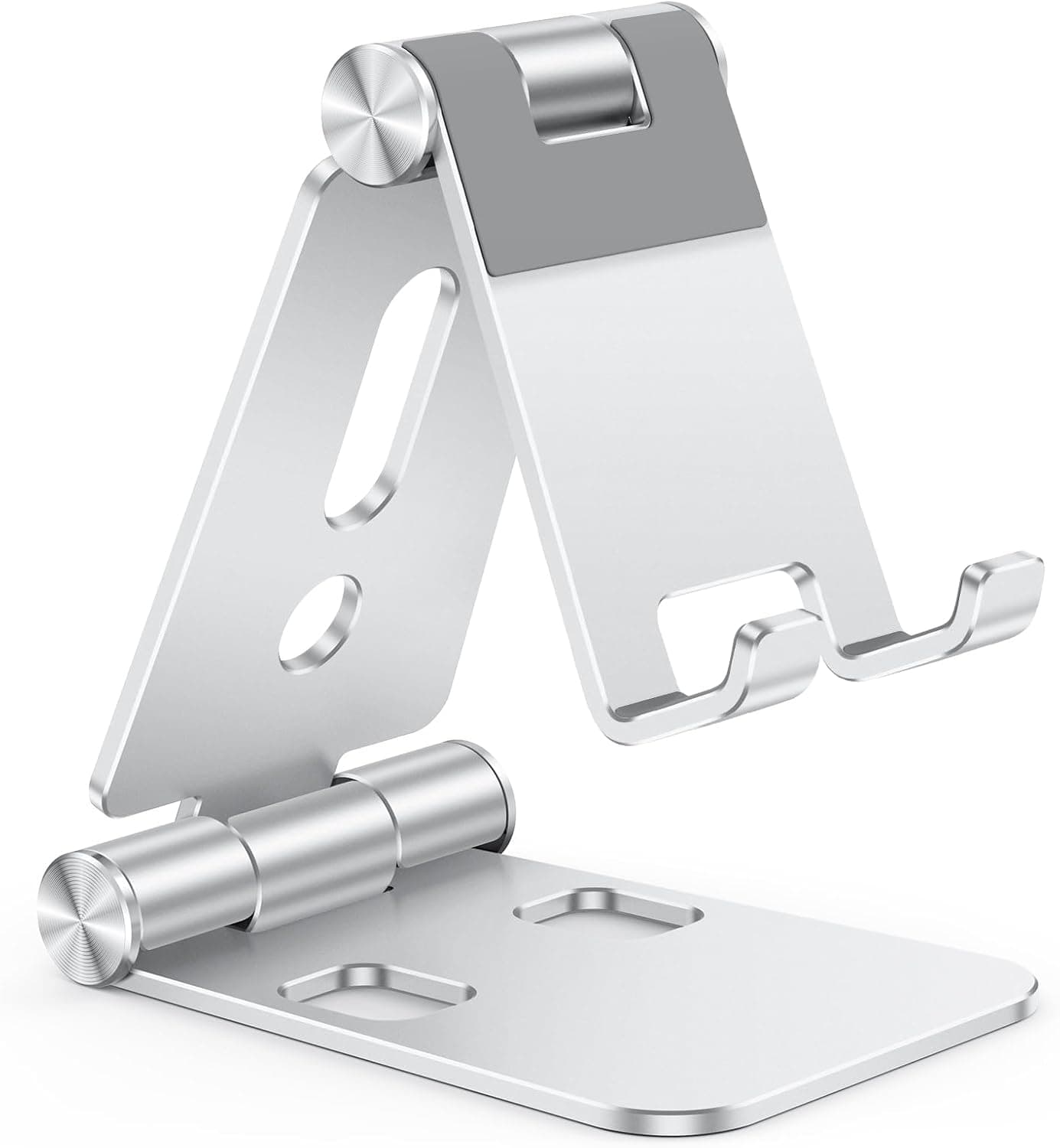 OMOTON Foldable Cell Phone Stand, C4 Portable Aluminum Phone Holder, Adjustable Phone Dock Cradle Compatible with iPhone 17/16/15 Pro Max Air, Samsung Galaxy, Small Tablets, All Smart Phones, Silver
