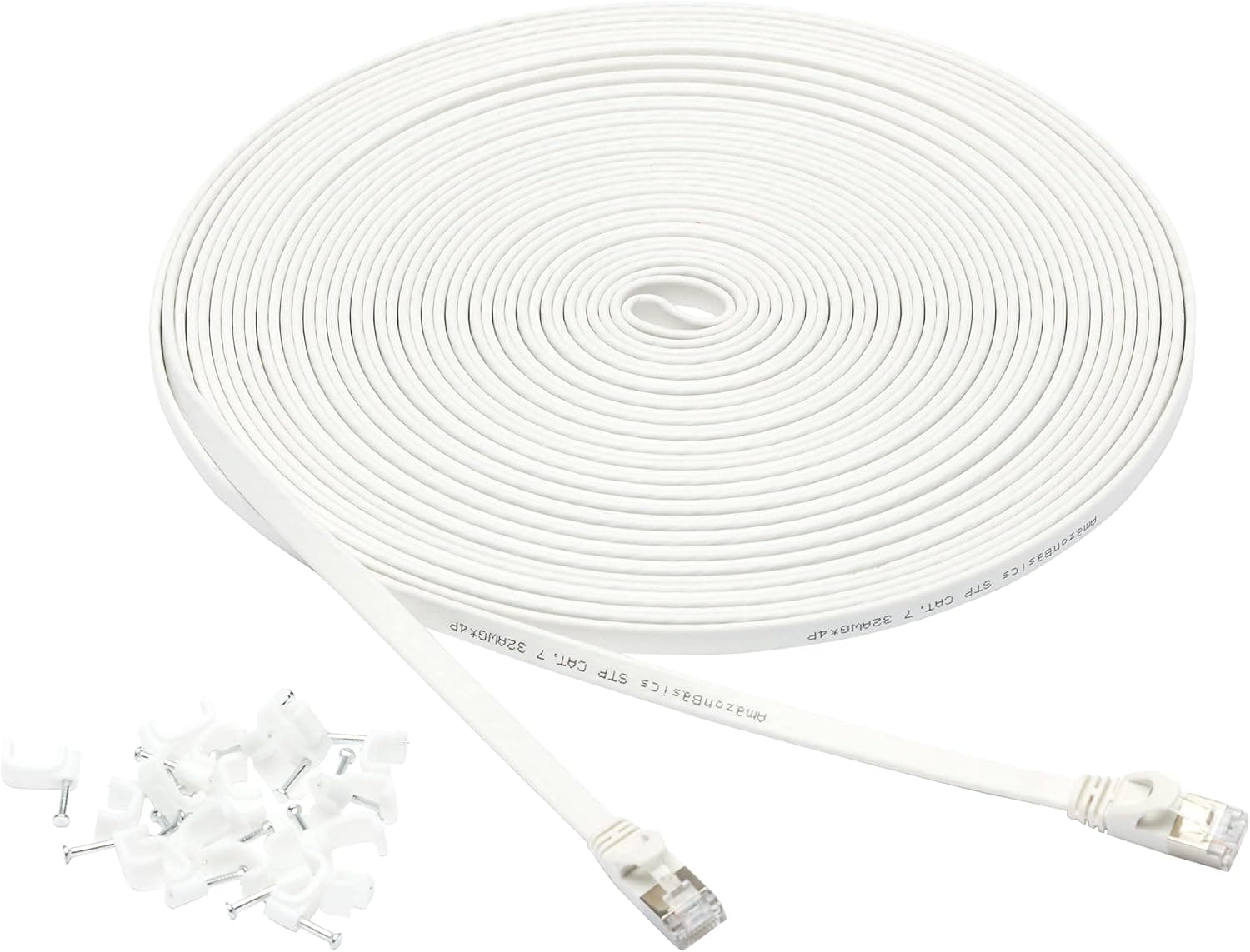 Amazon Basics RJ45 Cat 7 Ethernet Patch Cable, Flat, 600MHz, Snagless, Includes 20 Nails, 50 Foot, White