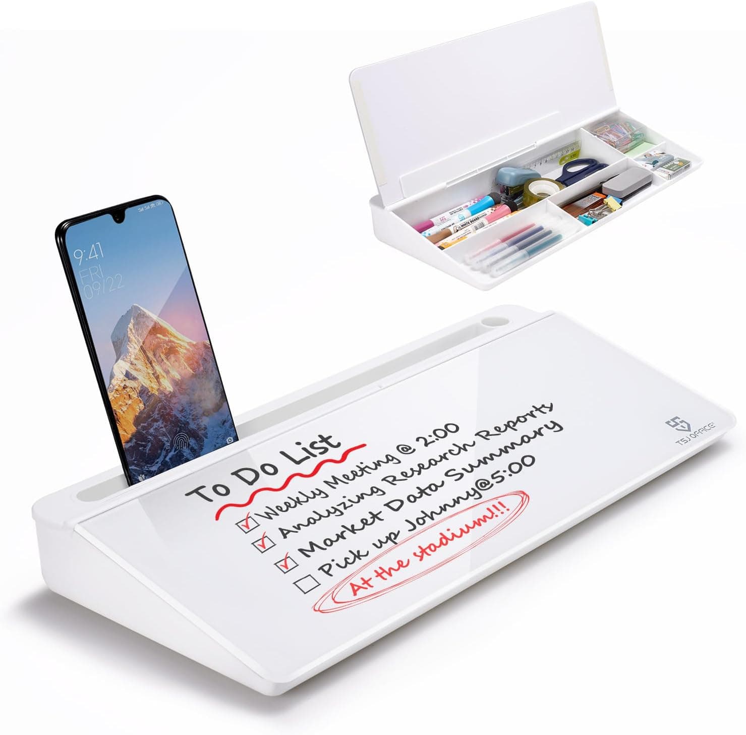 TSJ OFFICE Small Desktop Whiteboard -Glass Dry Erase Board Computer Keyboard Stand White Board Surface Pad with Drawer, Desk Organizers with Accessories for Office, Home, School Supplies