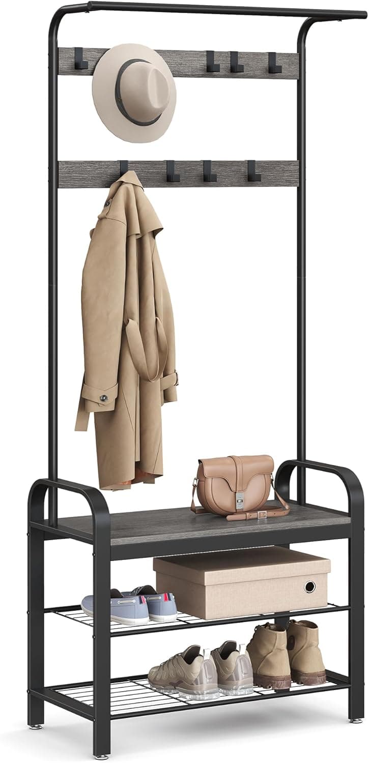 VASAGLE Coat Rack, Hall Tree with Shoe Bench for Entryway, Entryway Bench with Coat Rack, 4-in-1, with 9 Removable Hooks, a Hanging Rod, 13.3 x 28.3 x 72.1 Inches, Charcoal Gray and Black UHSR040B04