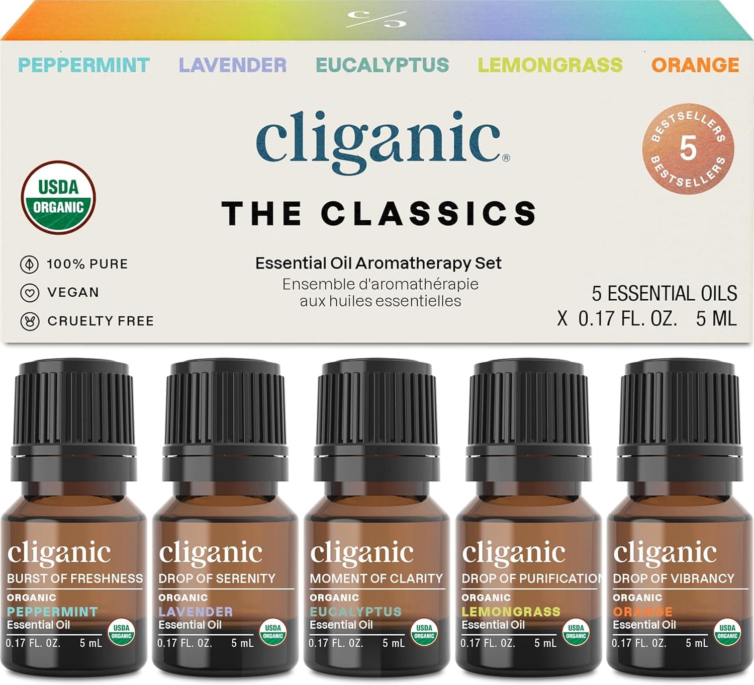 Cliganic Organic Essential Oils Set (Top 5 - The Classics) - 100% Pure Natural - Aromatherapy, Candle Making - Peppermint, Lavender, Eucalyptus, Lemongrass & Orange