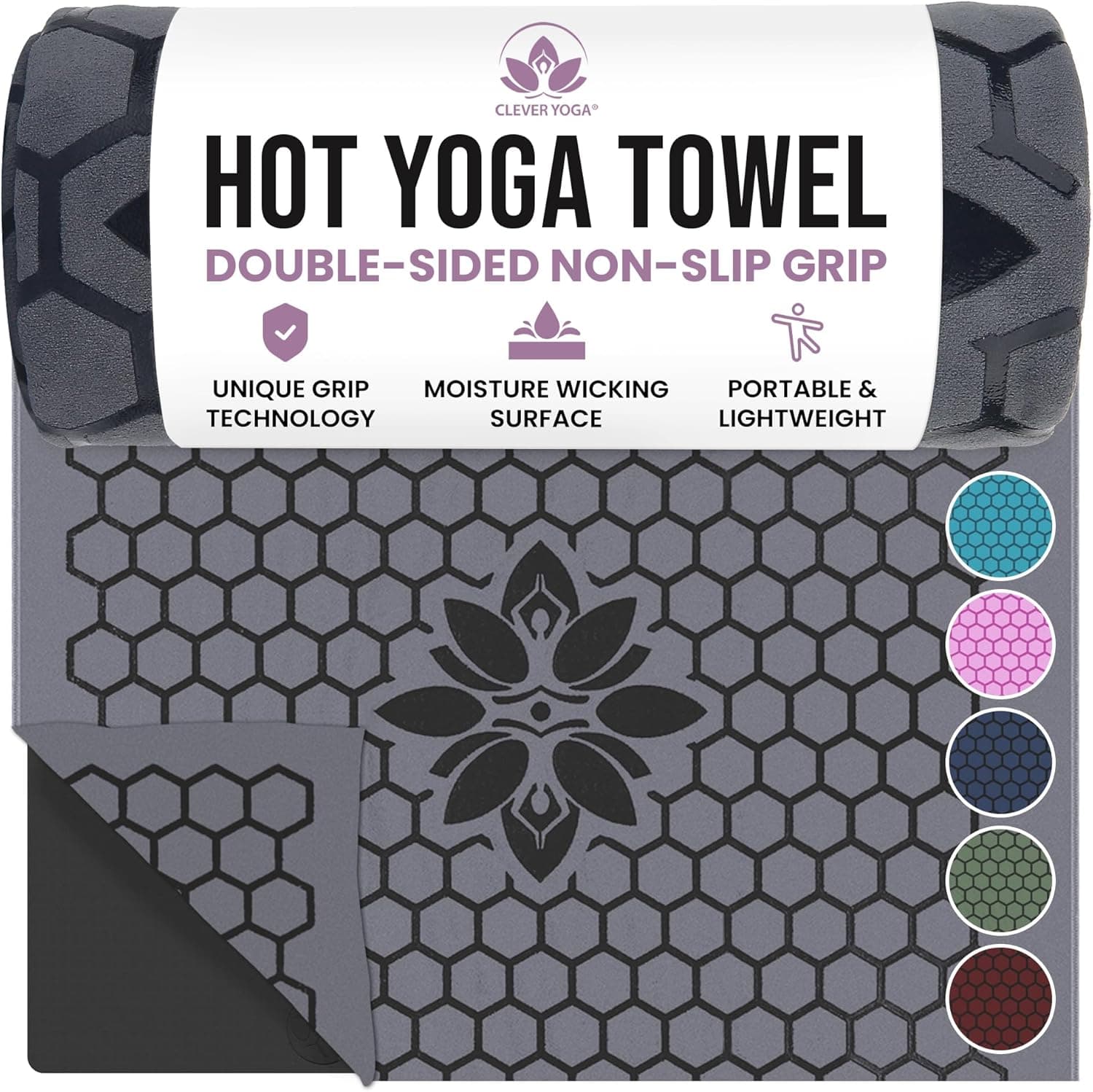 Clever Yoga Hot Yoga Mat Towel – Non-Slip Grip for Hot Yoga, Sweat Absorbent, Honeycomb Silicone Grip, Stays Flat – Ideal for Pilates, Travel, Washable & Lightweight - Gray