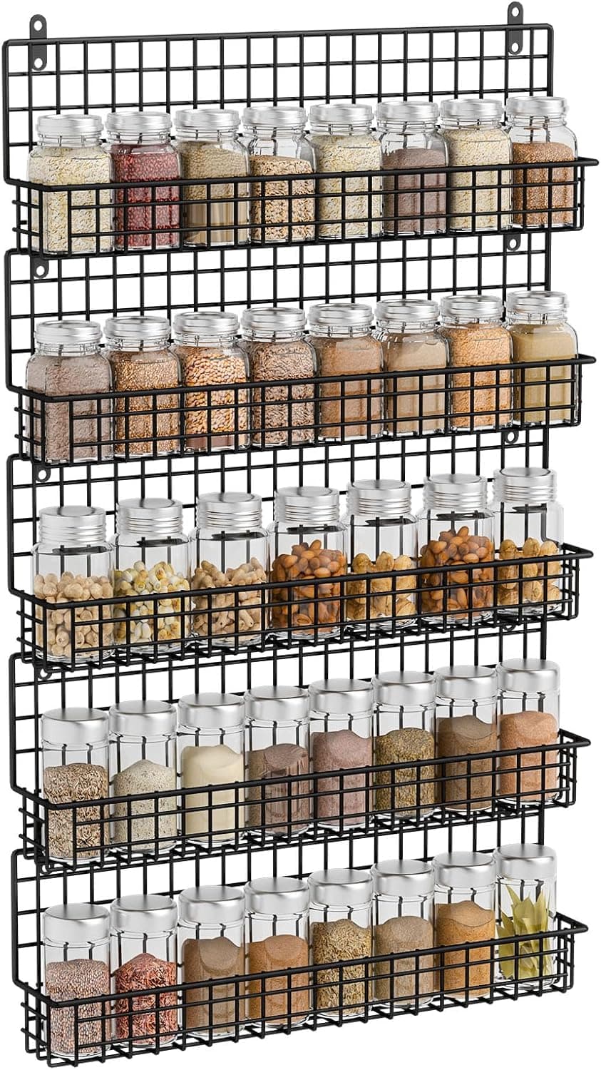 X-cosrack Spice Rack Organizer, 5-Tier Wall Spice Rack, Stackable Hanging Spice Jars Storage Racks, Great for Kitchen and Pantry, Up to Storage 48 Jars(Patent No.:D909138S)