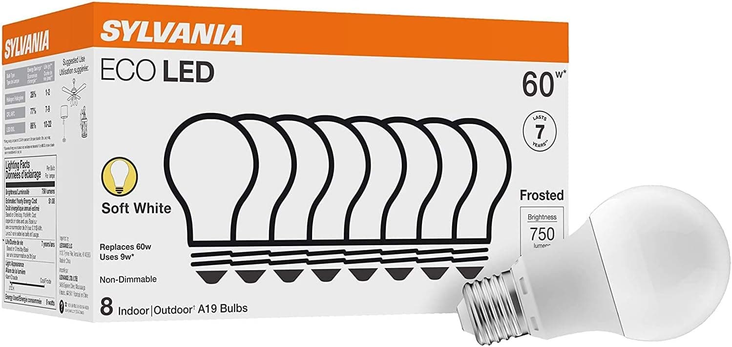 LEDVANCE Sylvania ECO LED Light Bulb, A19 60W Equivalent, Efficient 9W, 7 Year, 750 Lumens, 2700K, Non-Dimmable, Frosted, Soft White - 8 Pack (40821)