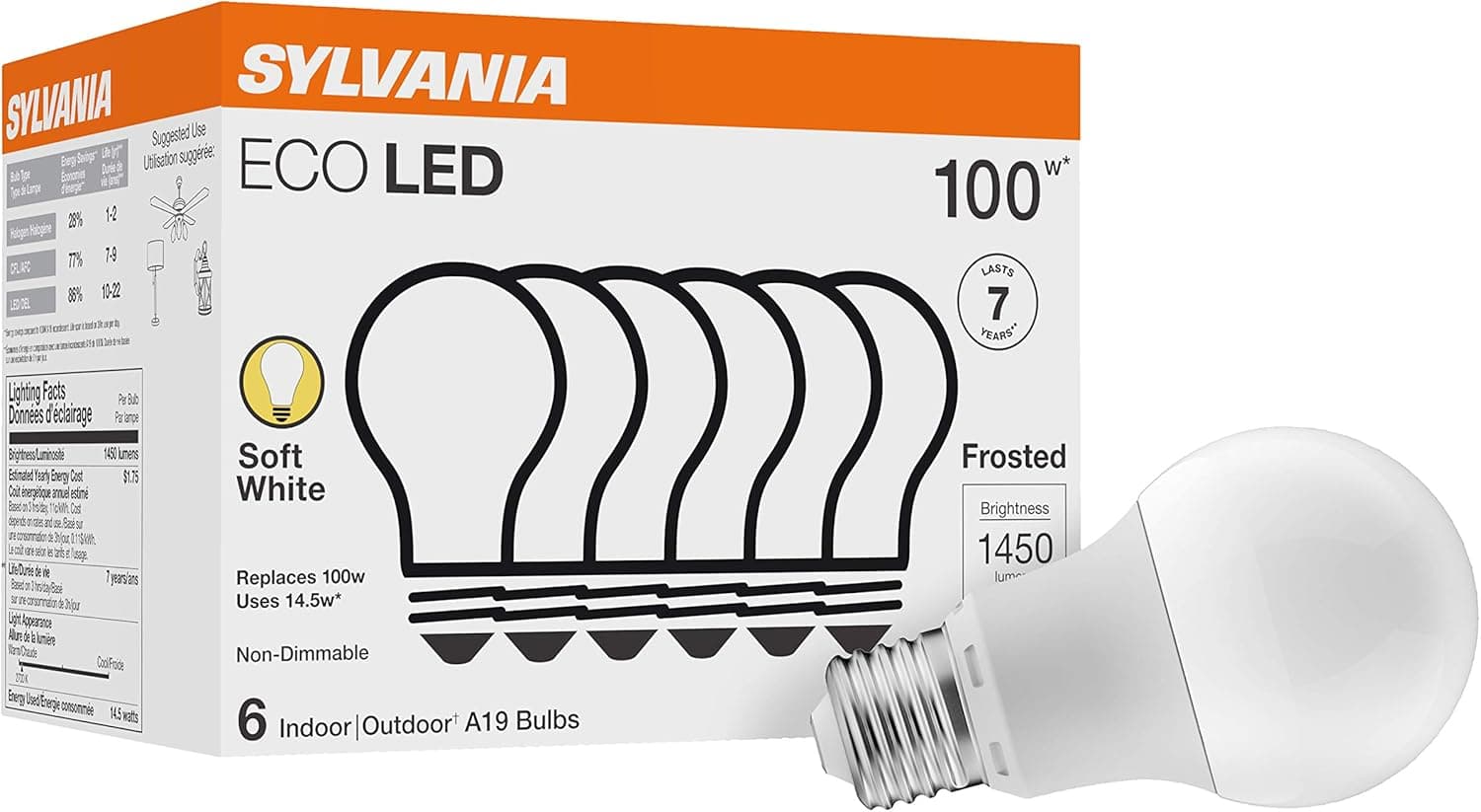 Sylvania ECO LED A19 Light Bulb, 100W Equivalent, Efficient 14.5W, 7 Year, 1450 Lumens, Non-Dimmable, Frosted, 2700K, Soft White - 6 Pack (40885)